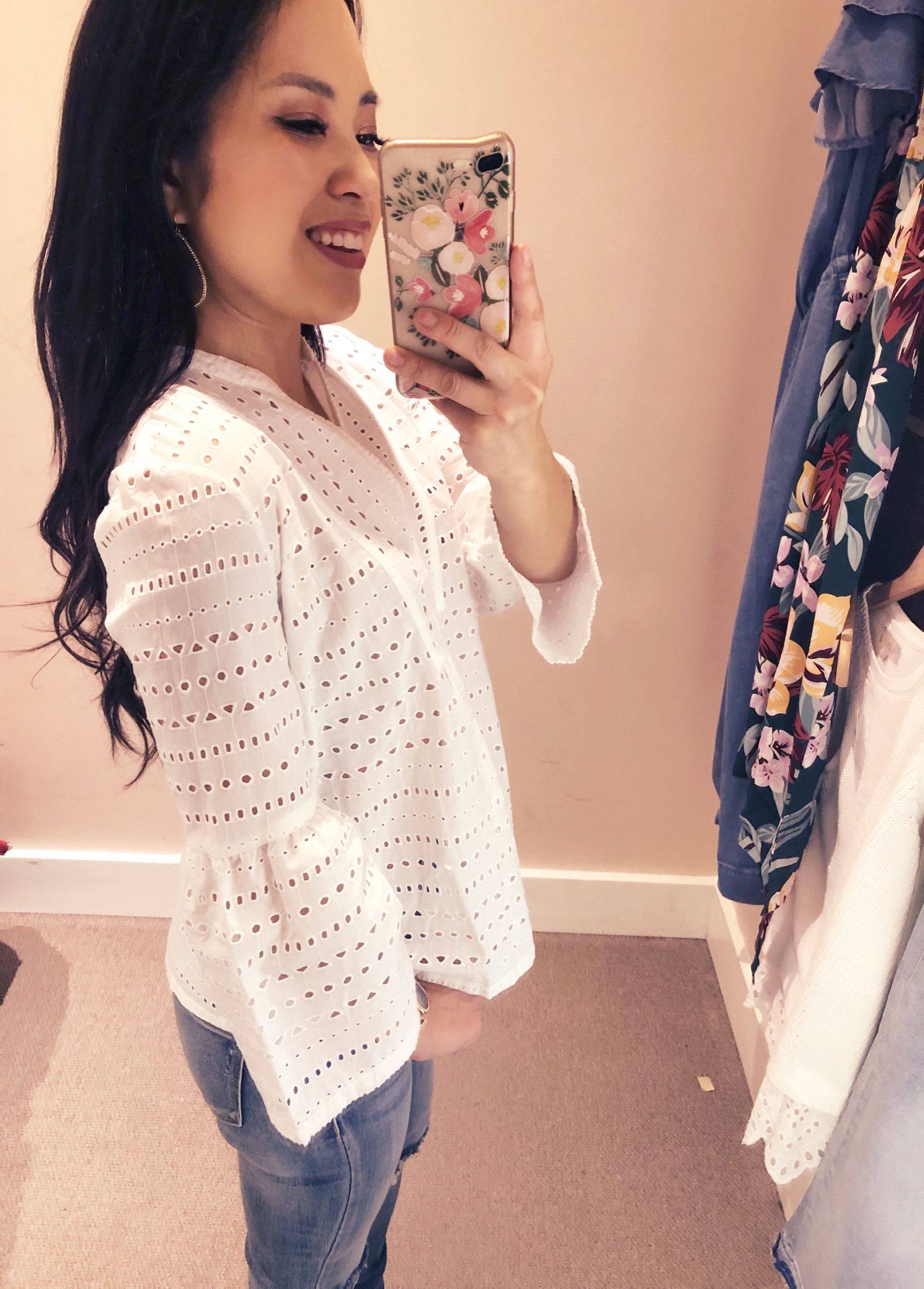 cute & little | dallas petite fashion blog | loft dressing room try on review | eyelet split neck swing top, blanknyc ripped knee jeans | spring outfit - LOFT Dressing Room Try-On by popular Dallas petite fashion blogger, cute & little