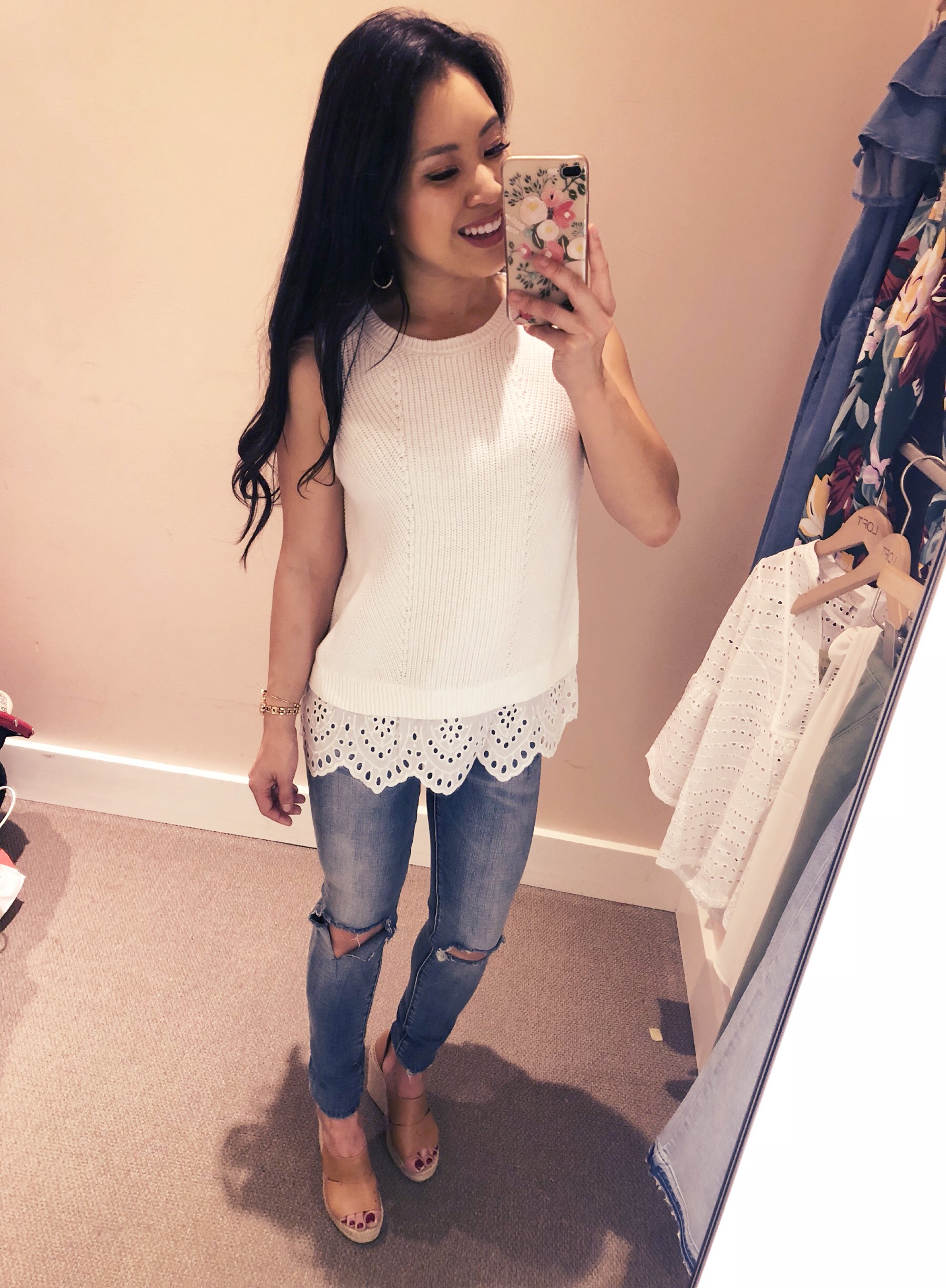 cute & little | dallas petite fashion blog | loft dressing room try on review | eyelet sweater tank, blanknyc ripped knee jeans | spring outfit - LOFT Dressing Room Try-On by popular Dallas petite fashion blogger, cute & little