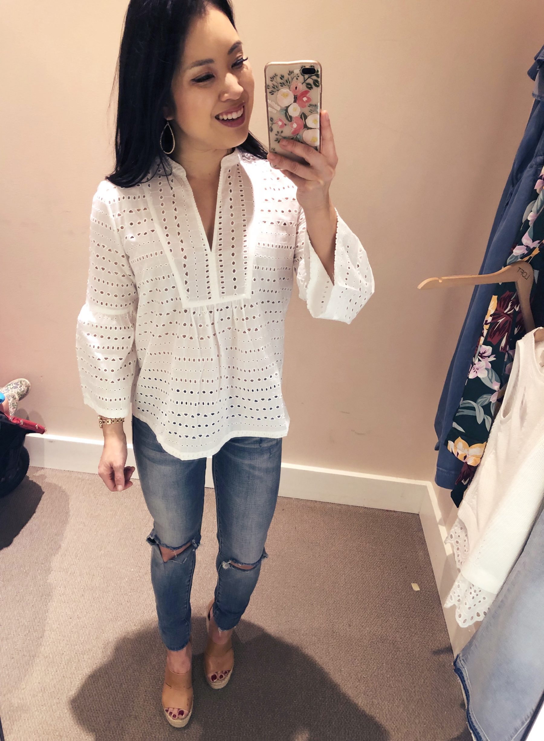 cute & little | dallas petite fashion blog | loft dressing room try on review | eyelet split neck swing top, blanknyc ripped knee jeans | spring outfit - LOFT Dressing Room Try-On by popular Dallas petite fashion blogger, cute & little
