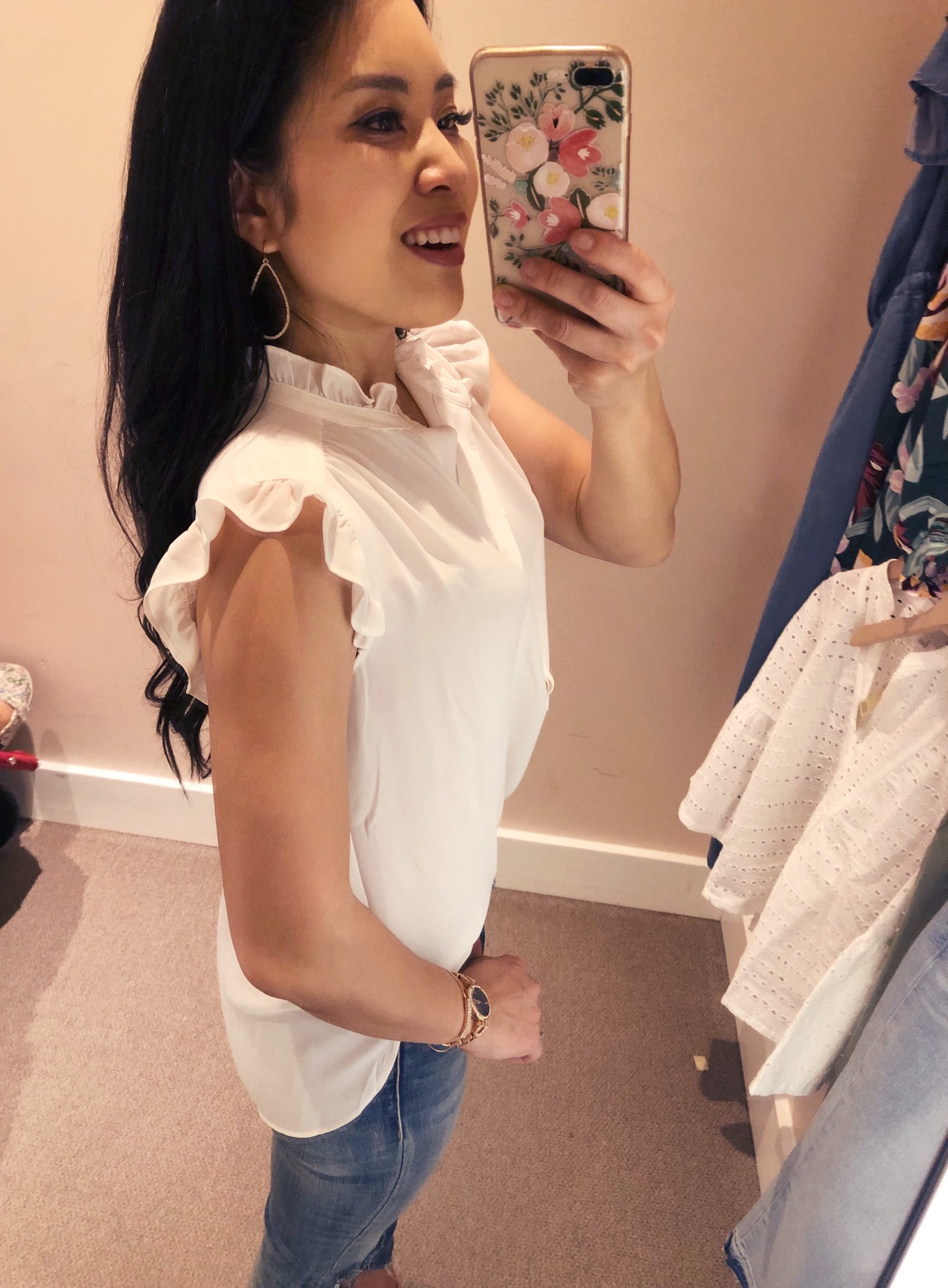 cute & little | dallas petite fashion blog | loft dressing room try on review | ruffle henley shell, blanknyc ripped knee jeans | spring outfit
