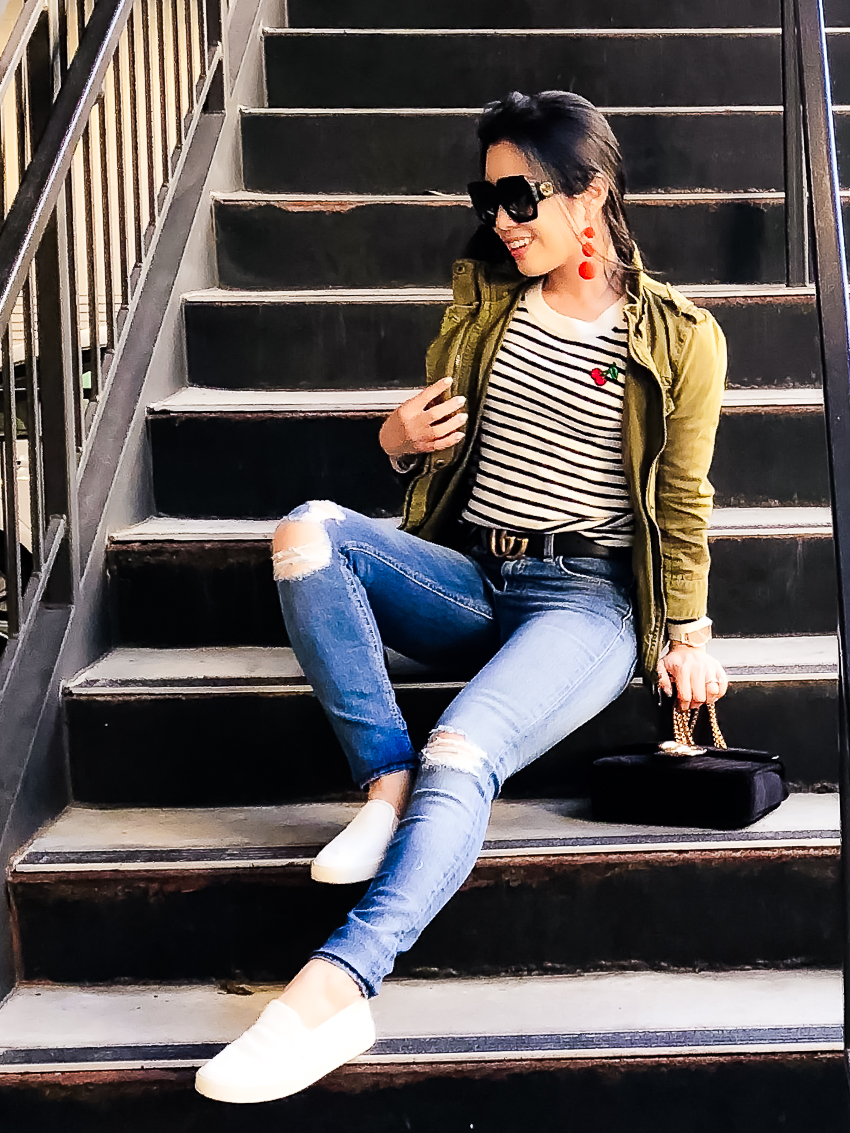cute & little | dallas petite fashion blog | j.crew cherry embroidered tippi sweater, utility jacket, rag & bone high-waisted distressed skinny jeans | shopbop sale | spring outfit - SHOPBOP SALE: 10 Pieces I Own + Recommend by popular Dallas petite fashion blogger cute & little