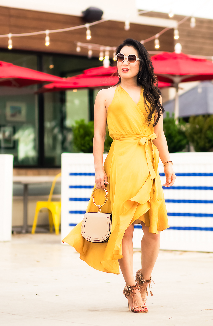 cute & little | dallas fashion lifestyle blog | express ruffle wrap midi dress, zenni laurel round sunglasses, bagdley mischka katrina | spring essentials to get glam - How To Transform Into A More Glam Version Of You by popular Dallas style blogger cute & little
