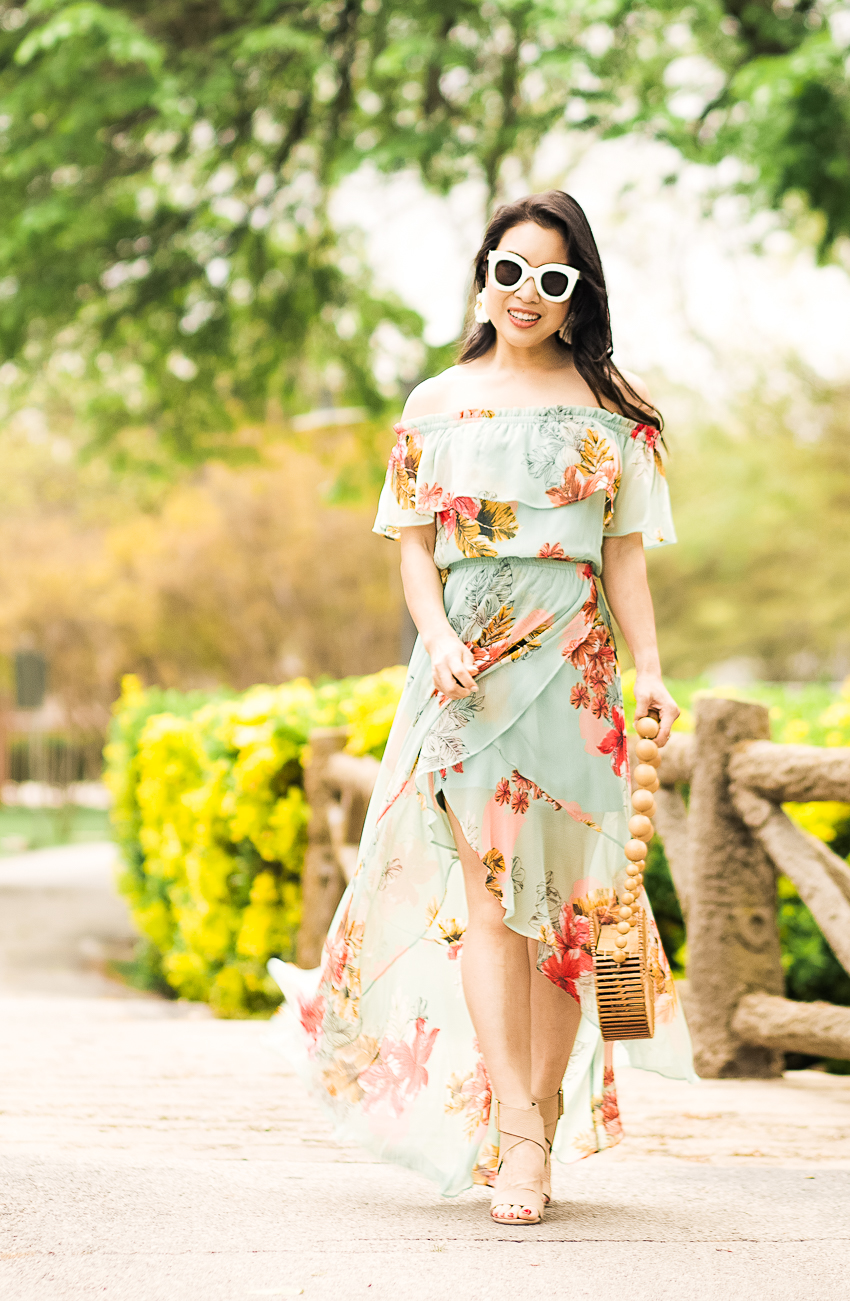 cute & little | dallas petite fashion lifestyle blog | express floral off shoulder maxi, katie kime statement earrings, cult gaia luna round bamboo bag, katie kime gold coast earrings, celine white sunglasses | spring outfit - Spring Dresses On Sale styled by popular Dallas petite fashion blogger cute & little