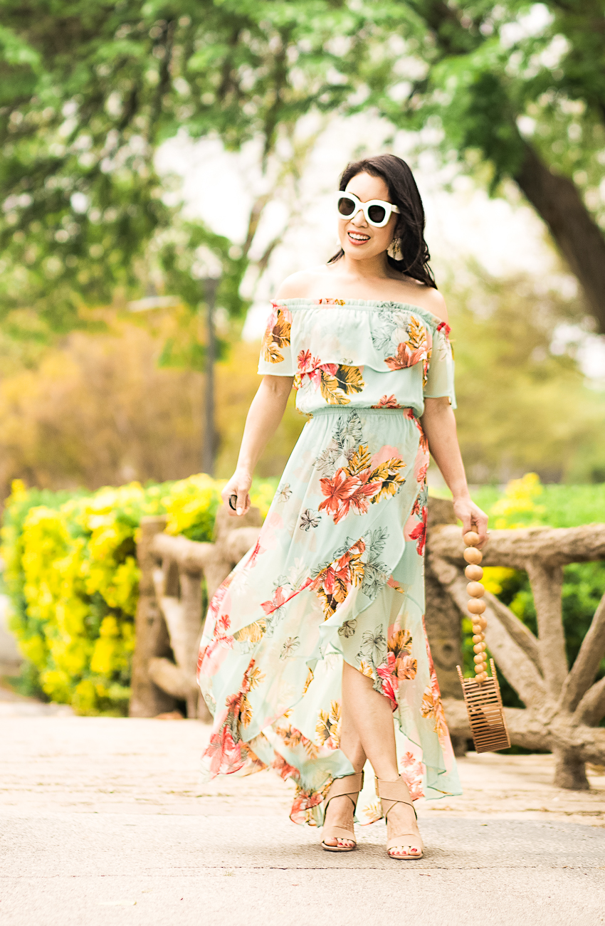 cute & little | dallas petite fashion lifestyle blog | express floral off shoulder maxi, katie kime statement earrings, cult gaia luna round bamboo bag, katie kime gold coast earrings, celine white sunglasses | spring outfit - Spring Dresses On Sale styled by popular Dallas petite fashion blogger cute & little
