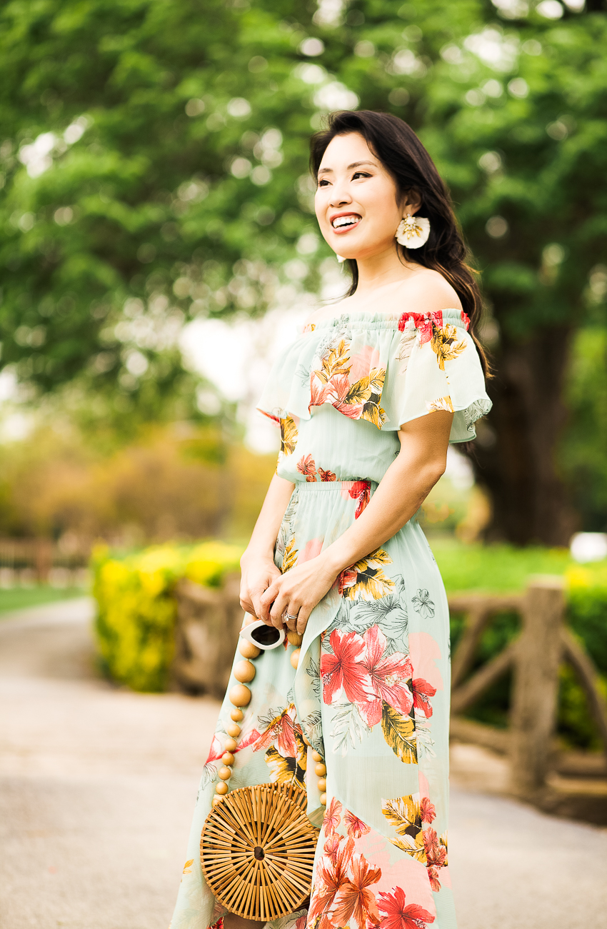 cute & little | dallas petite fashion lifestyle blog | express floral off shoulder maxi, katie kime statement earrings, cult gaia luna round bamboo bag, katie kime gold coast earrings | spring outfit - Spring Dresses On Sale styled by popular Dallas petite fashion blogger cute & little