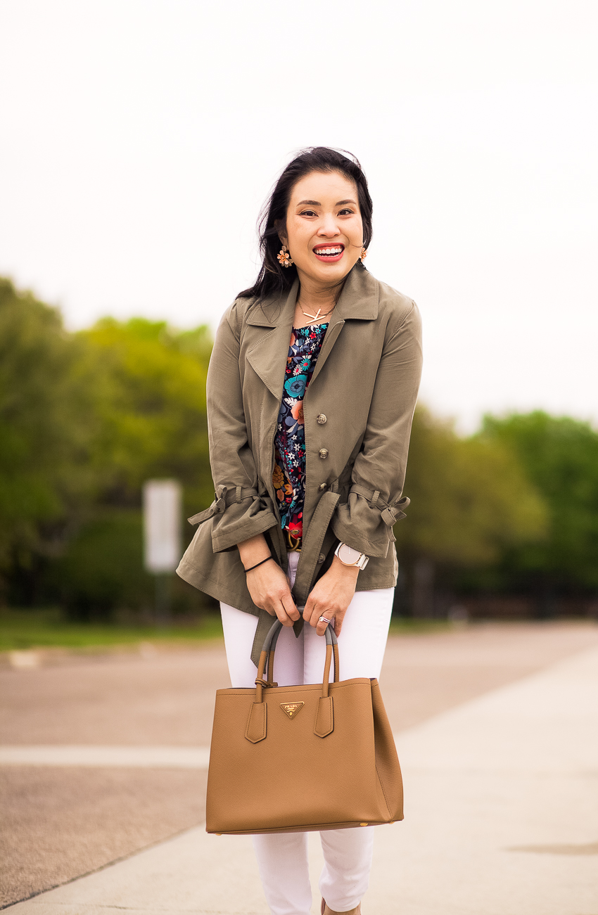 cute & little | dallas petite fashion blog | olive utility jacket, loft flowerbed flared sleeve top, banana republic white skinny jeans, pink bow sneakers | weekend casual style - LOFT Sale favorite picks by popular Dallas petite fashion blogger, cute & little