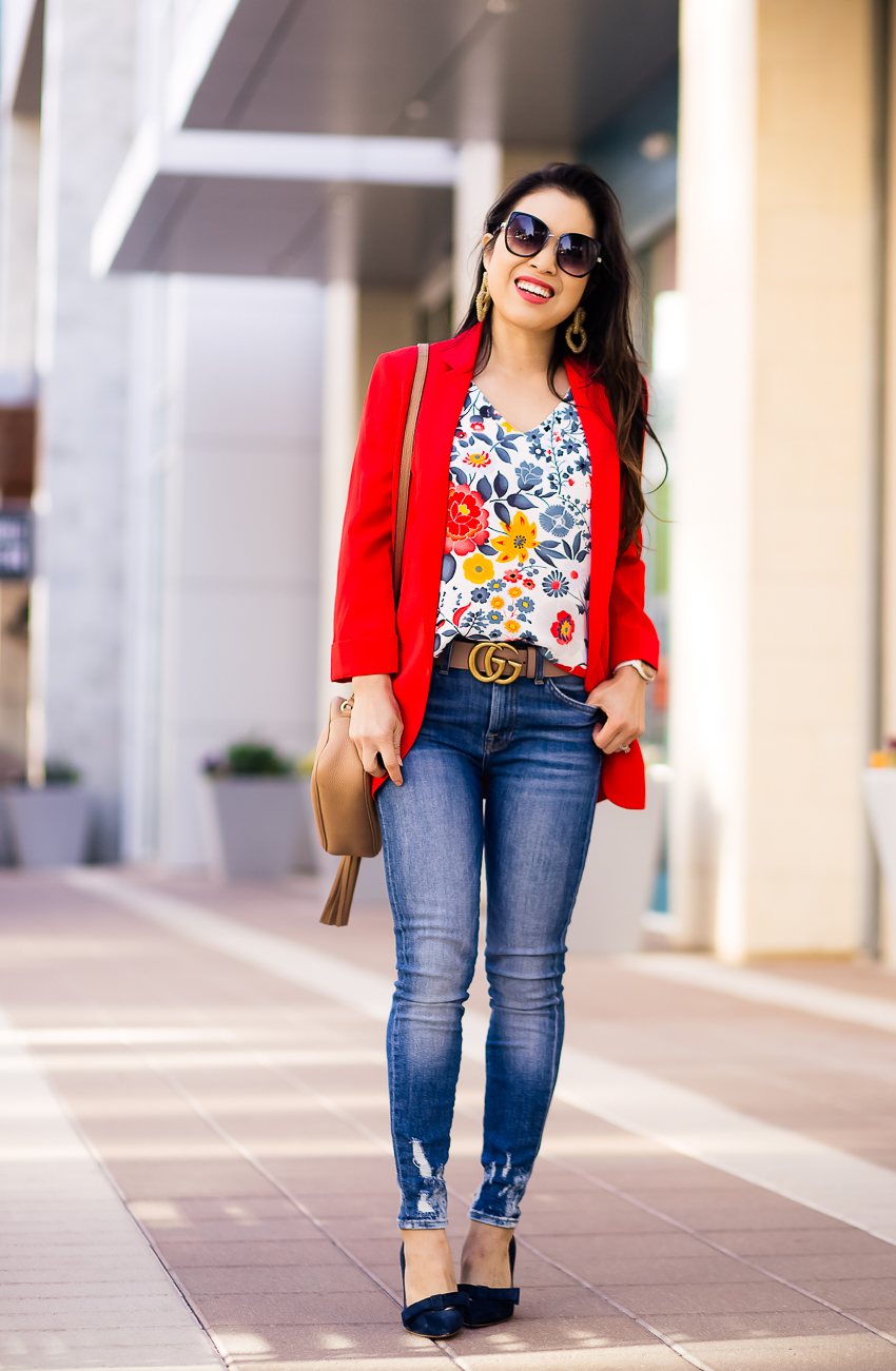 cute & little | dallas petite fashion blog | express red blazer, loft flowerbed cami | 7 for all mankind skinny jeans | work outfit - LOFT Sale favorite picks by popular Dallas petite fashion blogger, cute & little