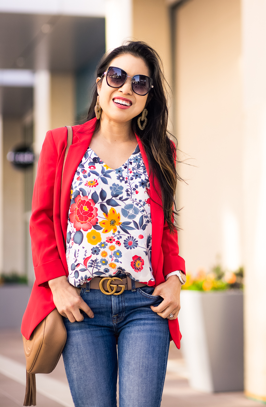 cute & little | dallas petite fashion blog | express red blazer, loft flowerbed cami | 7 for all mankind skinny jeans | work outfit - 5 Tried-and-True Tips On How To Pair Statement Earrings by popular Dallas fashion blogger, Cute & Little