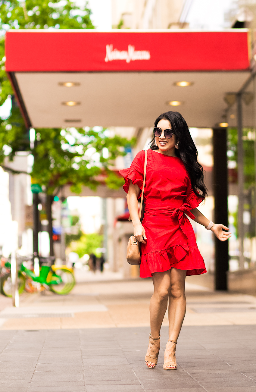 cute & little | dallas petite fashion blog | red ruffle wrap dress, nude sandals, irresistible me hair extensions | date night outfit - This Season's Trendy Dress That Will Leave You Swooning, by popular Dallas Petite Fashion blogger, Cute & Little