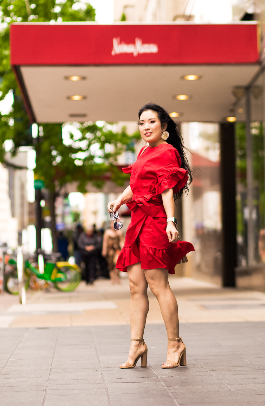 cute & little | dallas petite fashion blog | red ruffle wrap dress, nude sandals, irresistible me hair extensions | date night outfit - This Season's Trendy Dress That Will Leave You Swooning, by popular Dallas Petite Fashion blogger, Cute & Little