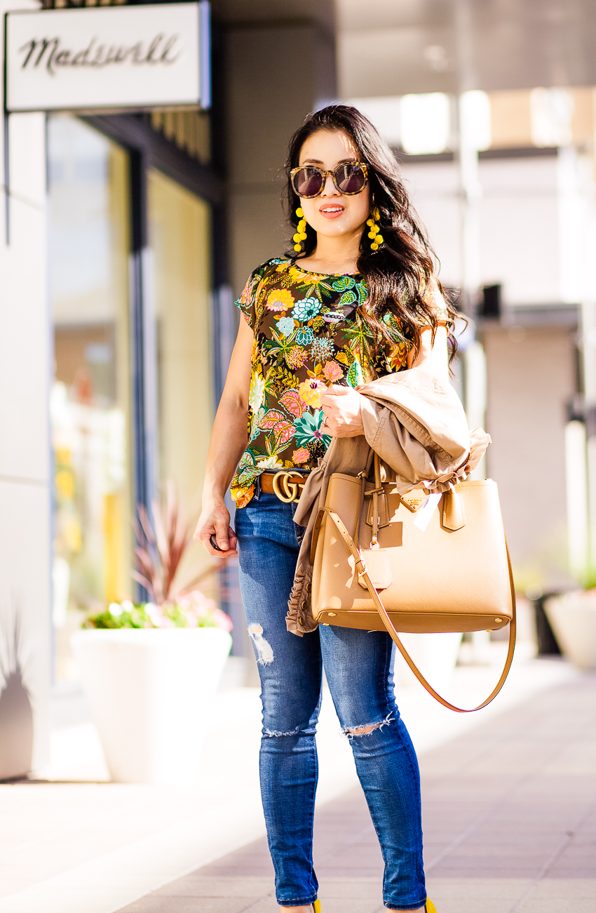 cute & little blog | spring work outfit | j.crew ruffle chino jacket, loft coral springs top, ag legging ankle jeans, yellow pumps, prada cuir, baublebar crystalline drops | 5 Ways To Be More Productive featured by Dallas petite fashion blogger, Cute & Little