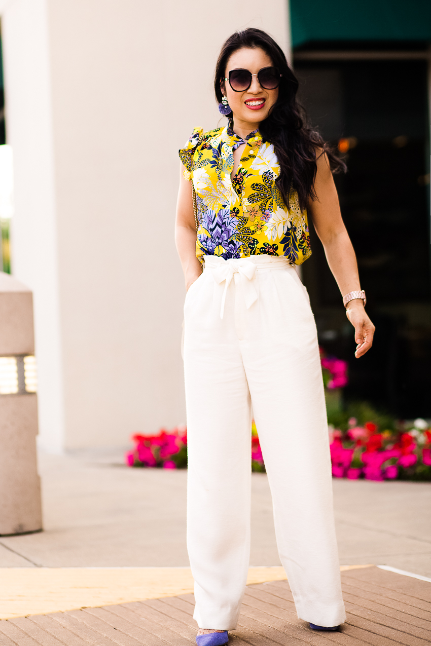 cute & little | dallas petite fashion blog | loft tropicalia ruffle shell, white wide leg paperbag pants | spring work outfit - Leg Pants (and how to wear them!) featured by popular Dallas petite fashion blogger, Cute & Little