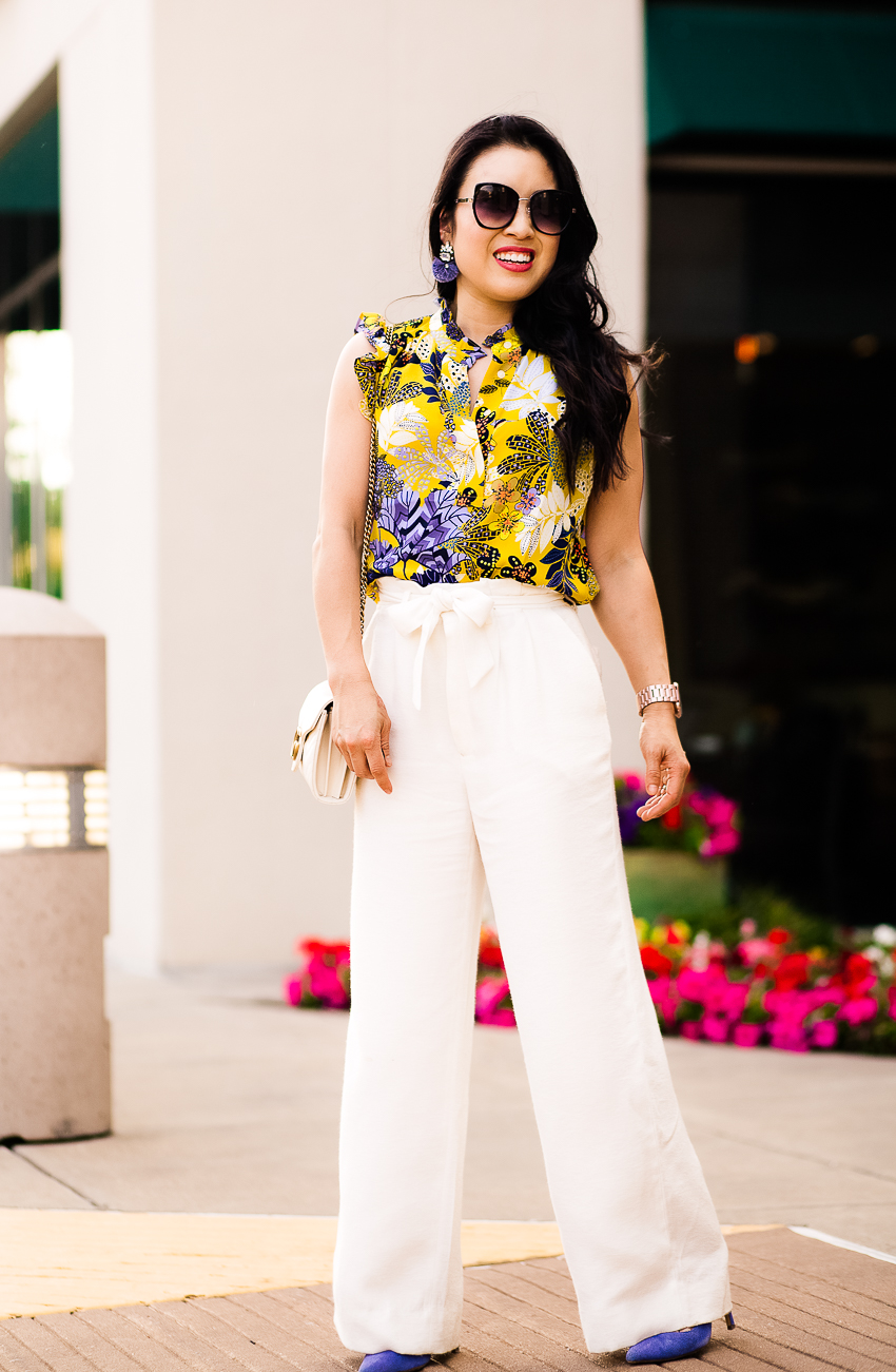 cute & little | dallas petite fashion blog | loft tropicalia ruffle shell, white wide leg paperbag pants | spring work outfit - Style Crush: Wide-Leg Pants (and how to wear them!) featured by popular Dallas petite fashion blogger, Cute & Little