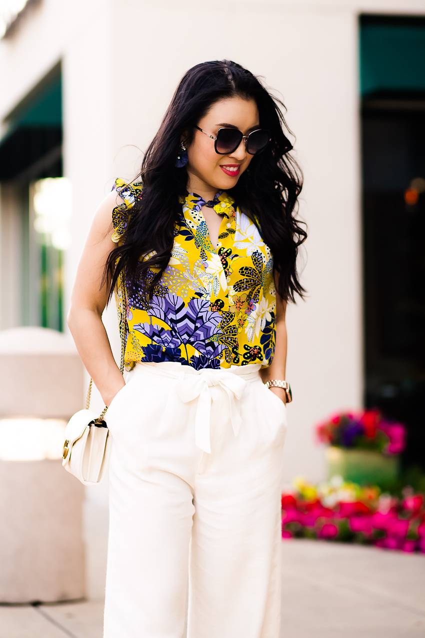 cute & little | dallas petite fashion blog | loft tropicalia ruffle shell, white wide leg paperbag pants | spring work outfit - Leg Pants (and how to wear them!) featured by popular Dallas petite fashion blogger, Cute & Little