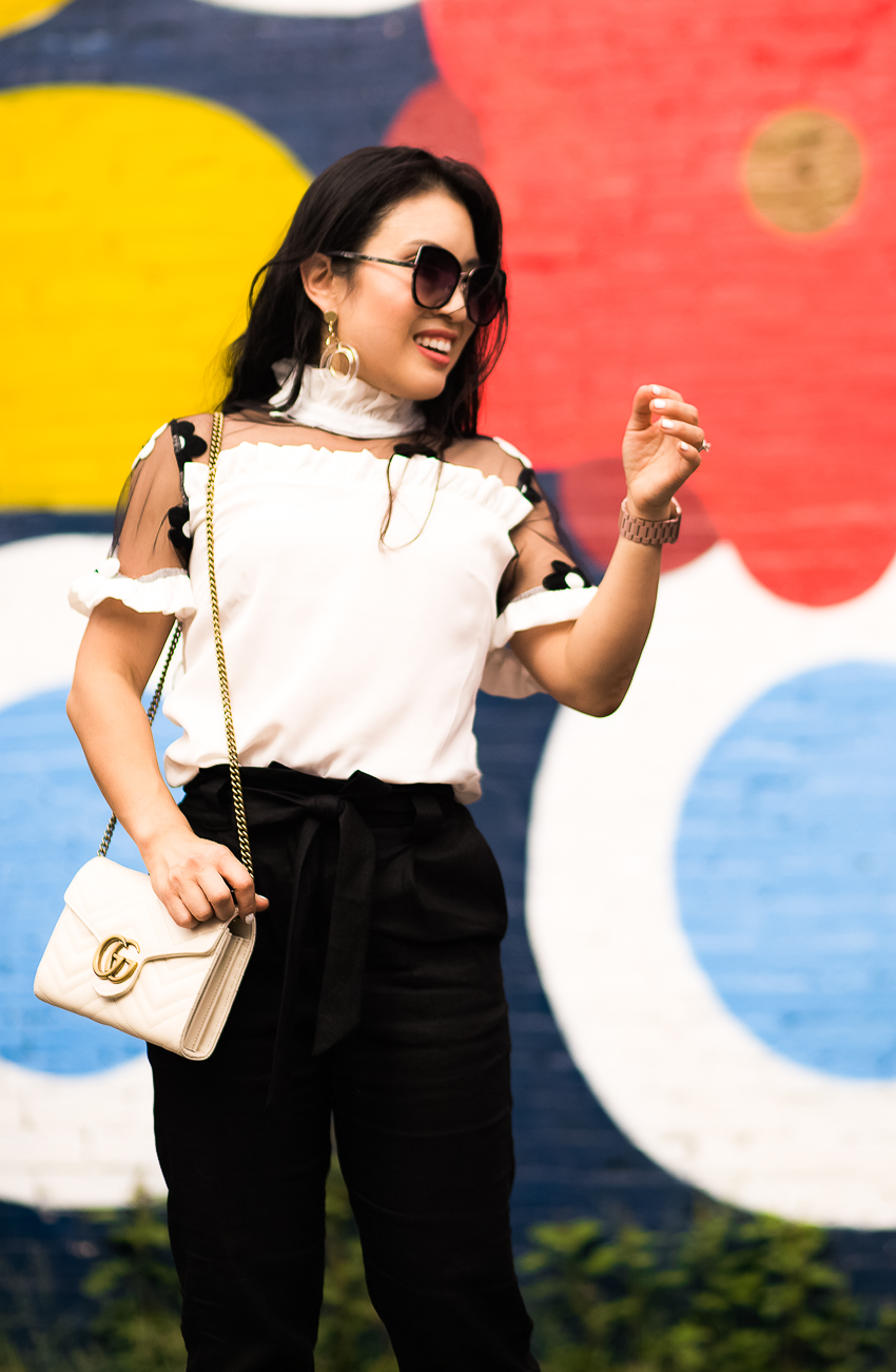 cute & little | dallas petite fashion blog | white embroidered mesh top, black high waisted trousers, white pumps | how to wear monochrome spring summer work outfit - How To Master The Monochromatic Palette