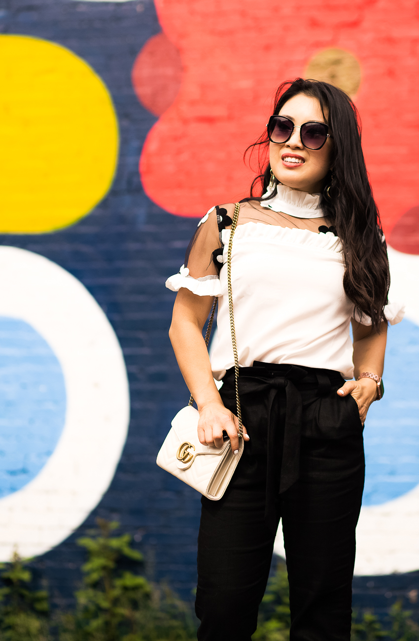 cute & little | dallas petite fashion blog | white embroidered mesh top, black high waisted trousers, white pumps | how to wear monochrome spring summer work outfit - How To Master The Monochromatic Palette