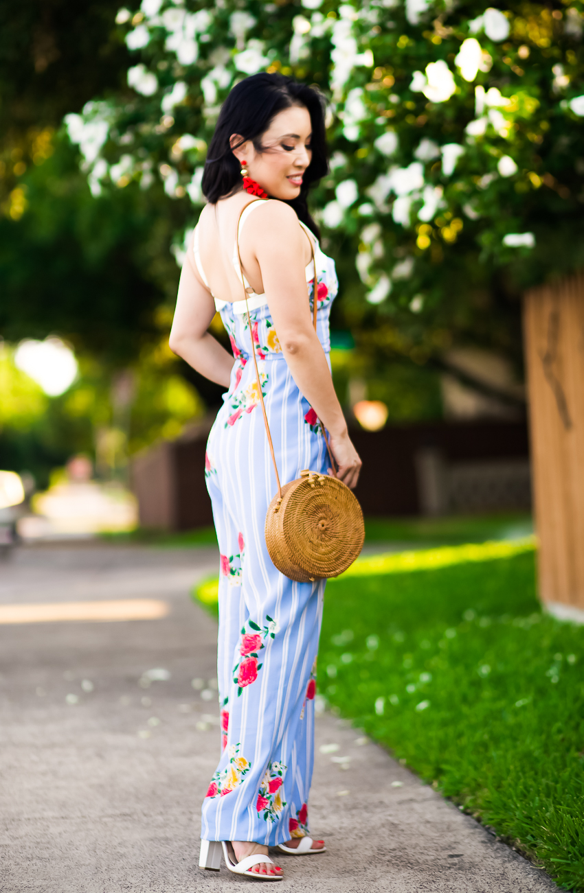 cute & little | dallas petite fashion blogger | adelyn rae iris floral stripe jumpsuit, round woven straw bag | summer outfit - The Struggle That Is Balancing Motherhood by popular Dallas lifestyle blogger, Cute & Little