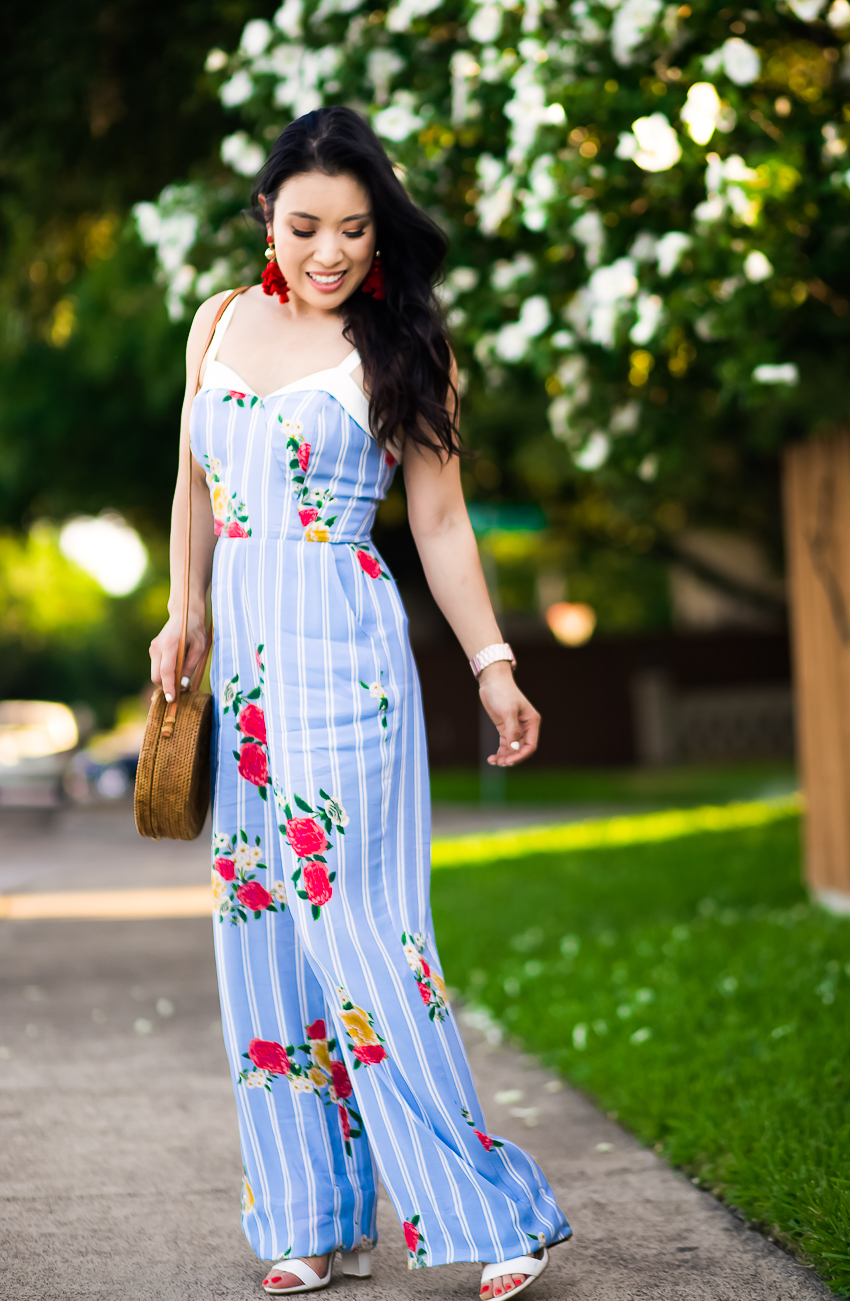 cute & little | dallas petite fashion blogger | adelyn rae iris floral stripe jumpsuit, round woven straw bag | summer outfit - The Struggle That Is Balancing Motherhood by popular Dallas lifestyle blogger, Cute & Little