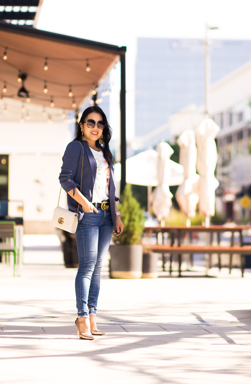 cute & little blog | dallas petite fashion blog | loft tie cuff blazer, sushi graphic tee, distressed jeans, gold pumps | spring summer business casual work outfit - My Best Workwear to Make Mornings Easier featured by popular Dallas petite fashion blogger, Cute & Little