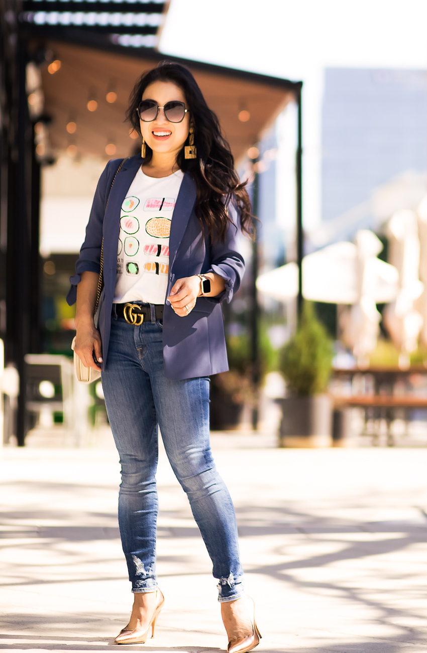 cute & little blog | dallas petite fashion blog | loft tie cuff blazer, sushi graphic tee, distressed jeans, gold pumps | spring summer business casual work outfit - My Best Workwear to Make Mornings Easier featured by popular Dallas petite fashion blogger, Cute & Little