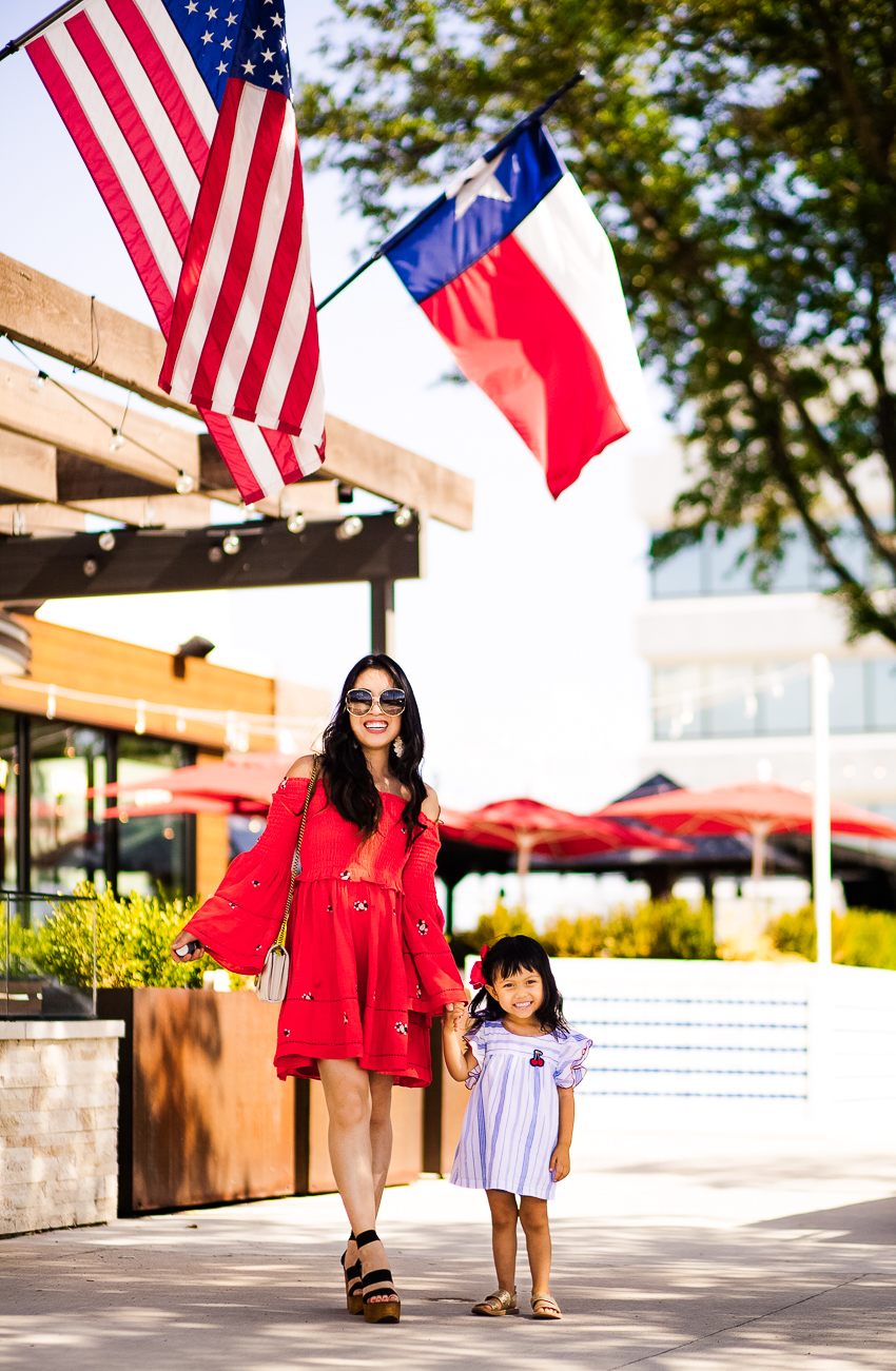 cute & little | dallas petite fashion blog | free people counting daisies off shoulder embroidered dress, gucci open temple sunglasses, steve madden blondy wedges, target cat jack cherry stripe ruffle top | fourth of july independence day outfit, mommy daughter - A Mommy and Me Fourth of July Outfit featured by popular Dallas fashion blogger, Cute & Little