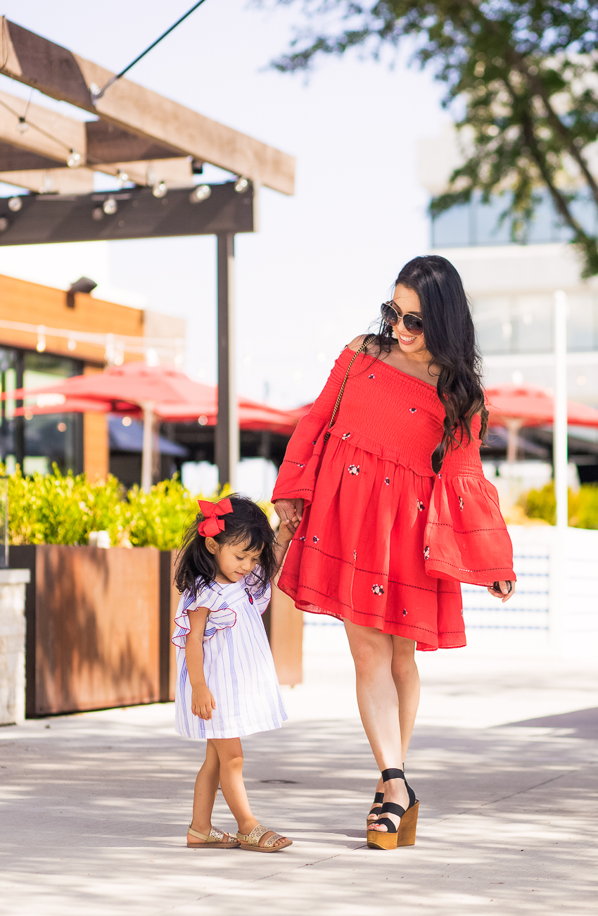 cute & little | dallas petite fashion blog | free people counting daisies off shoulder embroidered dress, gucci open temple sunglasses, steve madden blondy wedges, target cat jack cherry stripe ruffle top | fourth of july independence day outfit, mommy daughter - A Mommy and Me Fourth of July Outfit featured by popular Dallas fashion blogger, Cute & Little