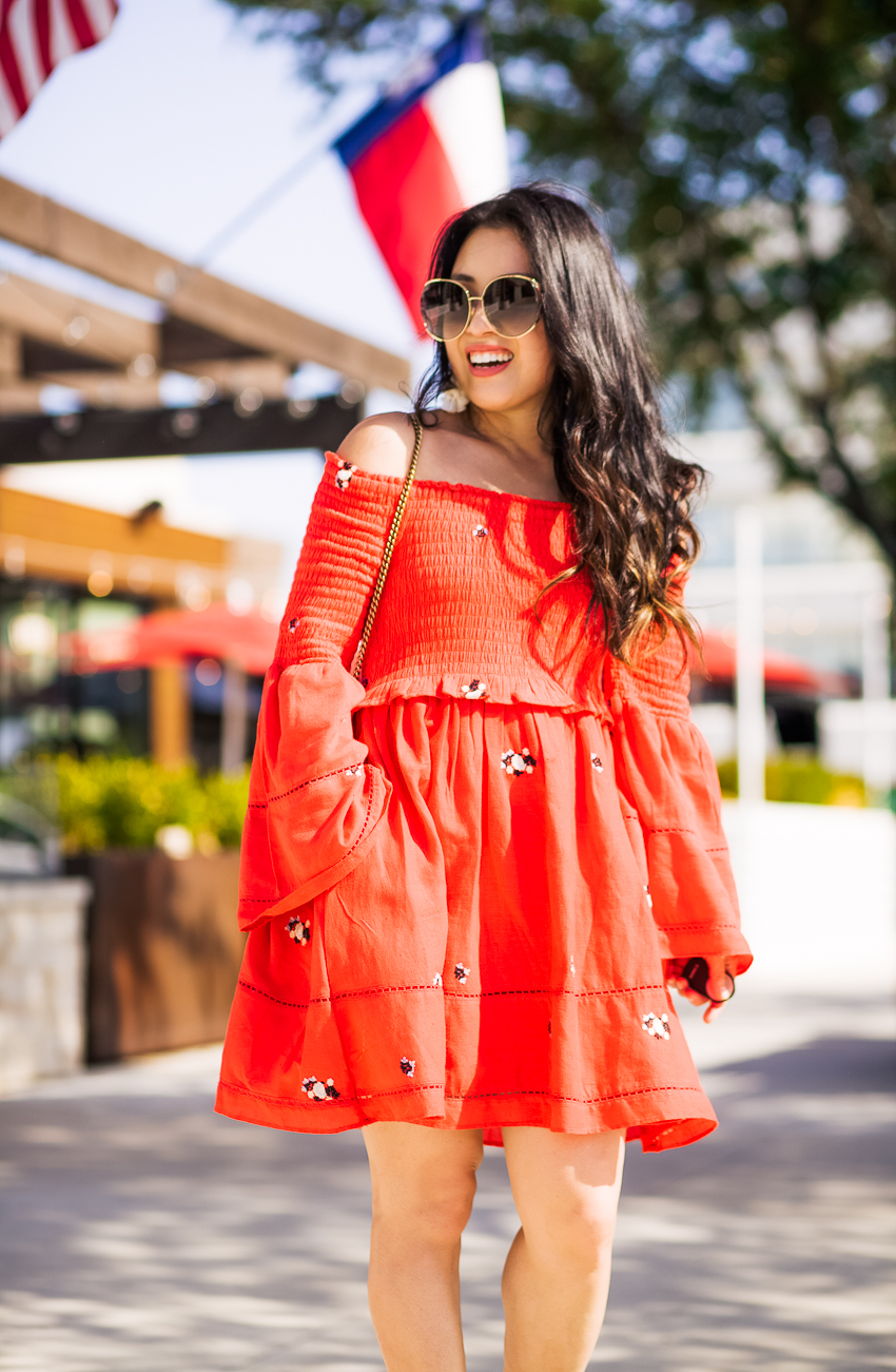 cute & little | dallas petite fashion blog | free people counting daisies off shoulder embroidered dress, gucci open temple sunglasses | fourth of july independence day outfit - A Mommy and Me Fourth of July Outfit featured by popular Dallas fashion blogger, Cute & Little