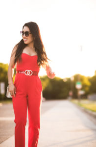 cute & little | dallas petite fashion blogger | express sweetheart neckline jumpsuit, pearl double circle statement belt, red strappy heels | date night outfit upbra review