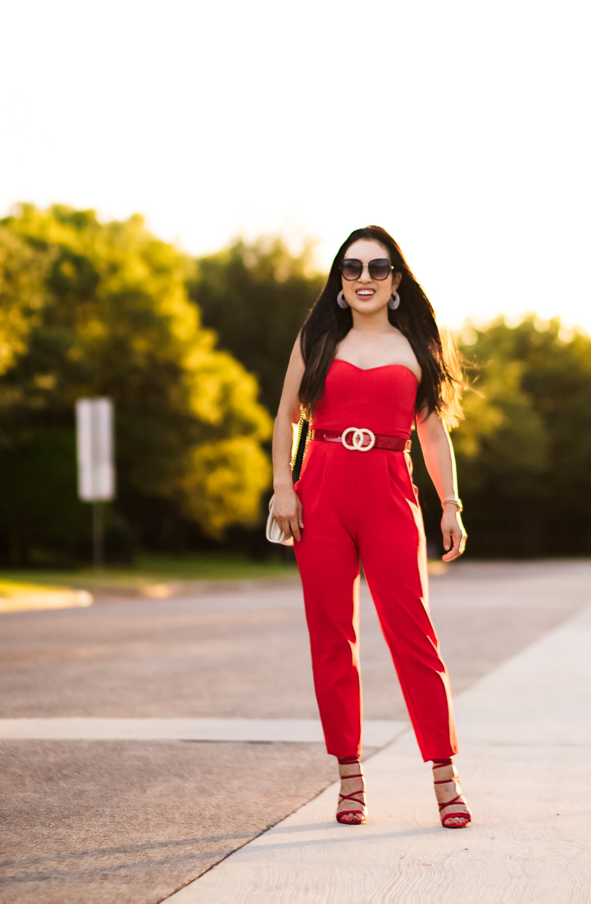 cute & little | dallas petite fashion blogger | express sweetheart neckline jumpsuit, pearl double circle statement belt, red strappy heels | date night outfit upbra review - The Best Bra for Getting Glamorous For Date Night featured by popular Dallas petite fashion blogger, Cute & LIttle