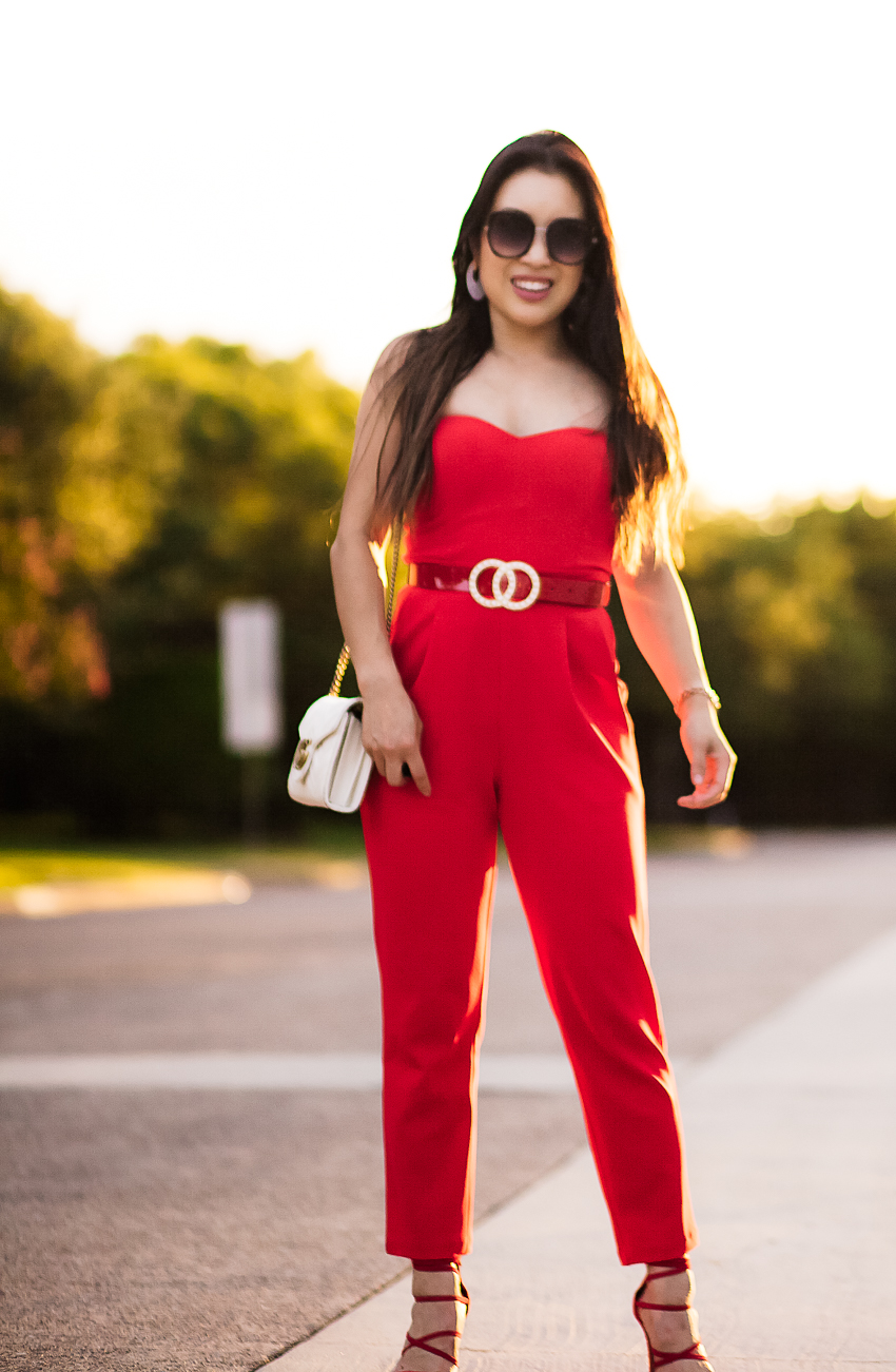 cute & little | dallas petite fashion blogger | express sweetheart neckline jumpsuit, pearl double circle statement belt, red strappy heels | date night outfit upbra review - - The Best Bra for Getting Glamorous For Date Night featured by popular Dallas petite fashion blogger, Cute & LIttle