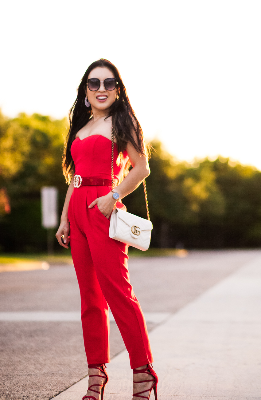 cute & little | dallas petite fashion blogger | express sweetheart neckline jumpsuit, pearl double circle statement belt, red strappy heels | date night outfit upbra review - - The Best Bra for Getting Glamorous For Date Night featured by popular Dallas petite fashion blogger, Cute & LIttle