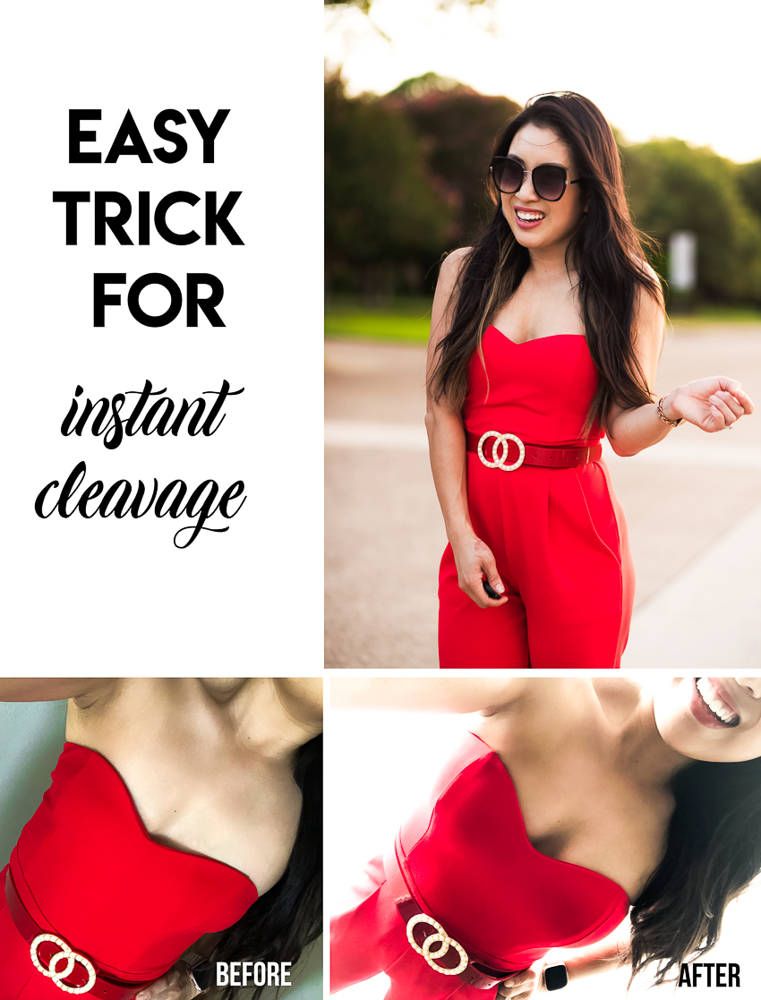 cute & little | dallas petite fashion blogger | express sweetheart neckline jumpsuit, pearl double circle statement belt, red strappy heels | date night outfit upbra review