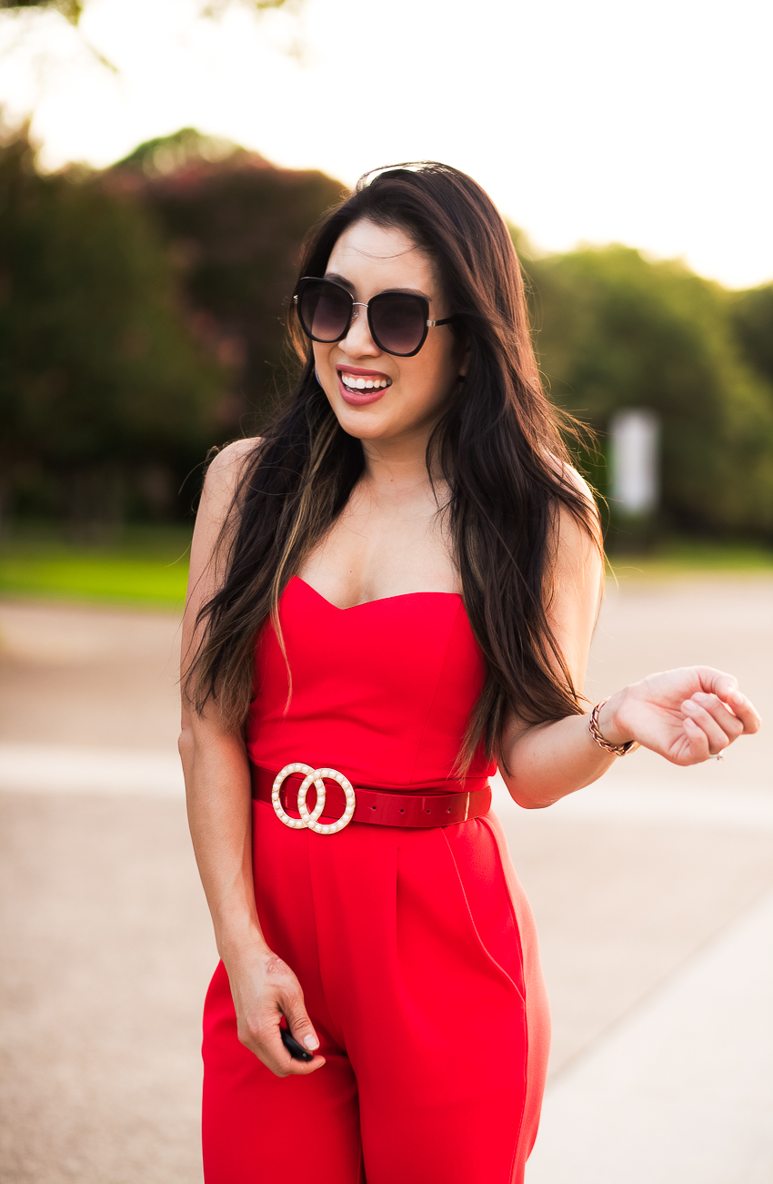 cute & little | dallas petite fashion blogger | express sweetheart neckline jumpsuit, pearl double circle statement belt | date night outfit upbra review - The Best Bra for Getting Glamorous For Date Night featured by popular Dallas petite fashion blogger, Cute & LIttle