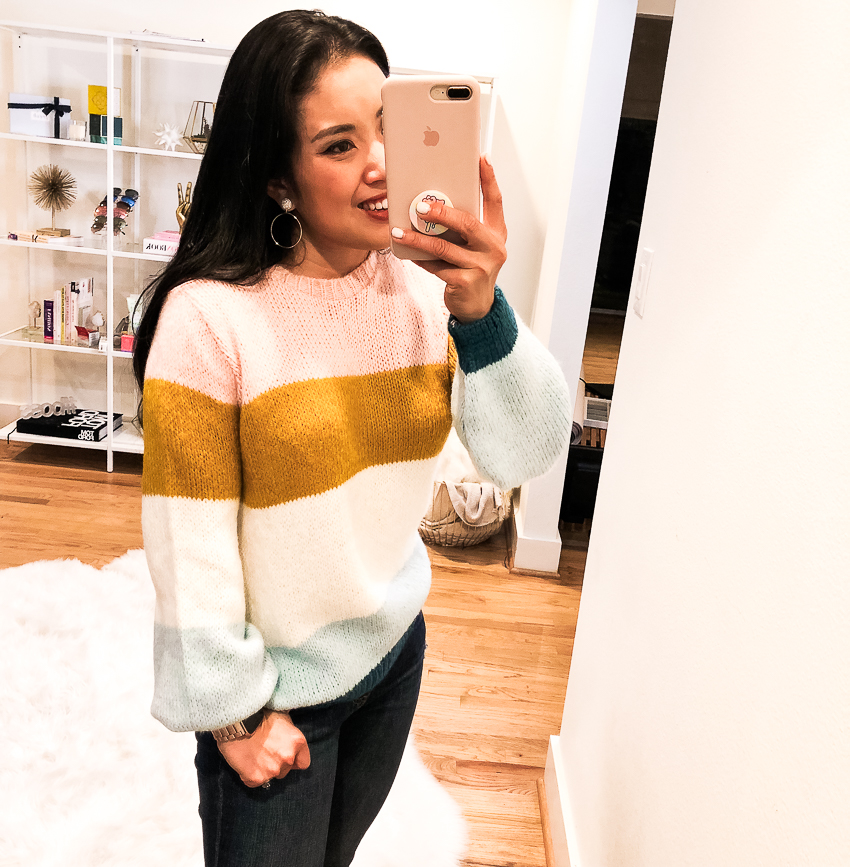 topshop colorblock knit pullover, ag ripped knee ankle jeans 4 years lucid quartz, louboutin so kate pumps | summer fall outfit - Nordstrom Anniversary Sale 2018: Try-On Session featured by popular Dallas petite fashion blogger Cute & Little