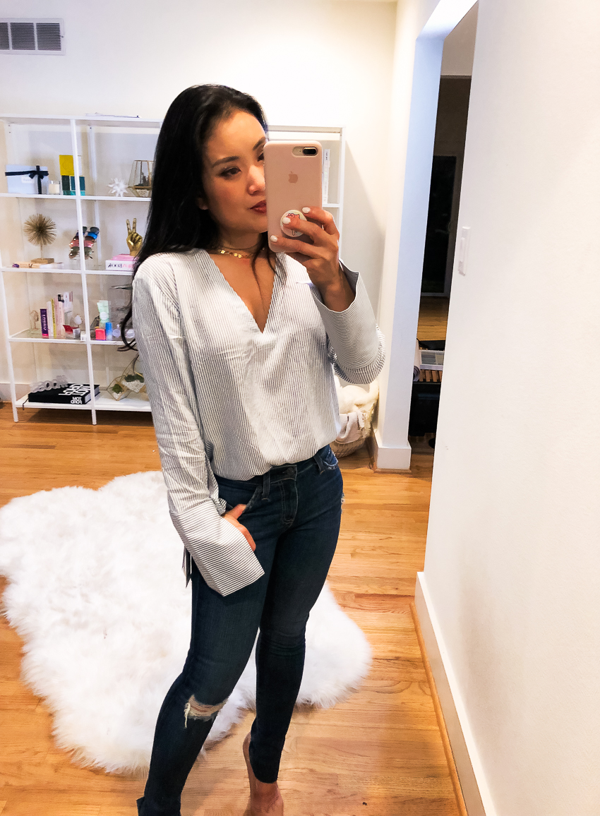 treasure bond stripe slit cuff shirt, ag ripped knee ankle jeans 4 years lucid quartz, louboutin so kate pumps | summer fall outfit - Nordstrom Anniversary Sale 2018: Try-On Session featured by popular Dallas petite fashion blogger Cute & Little