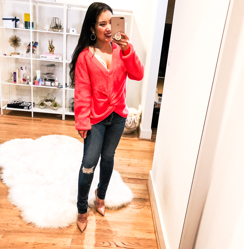 bp twist front sweater, ag ripped knee ankle jeans 4 years lucid quartz, louboutin so kate pumps | summer fall outfit - Nordstrom Anniversary Sale 2018: Try-On Session featured by popular Dallas petite fashion blogger Cute & Little