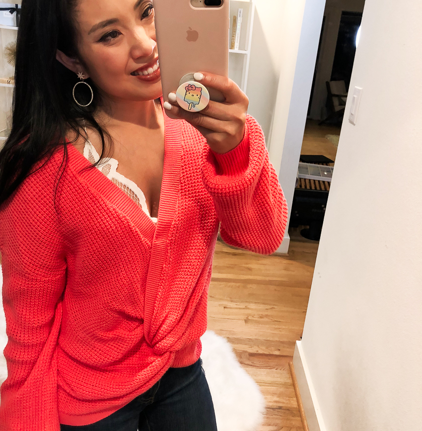 bp twist front sweater, free people adella bralette, ag ripped knee ankle jeans 4 years lucid quartz, louboutin so kate pumps | summer fall outfit - Nordstrom Anniversary Sale 2018: Try-On Session featured by popular Dallas petite fashion blogger Cute & Little