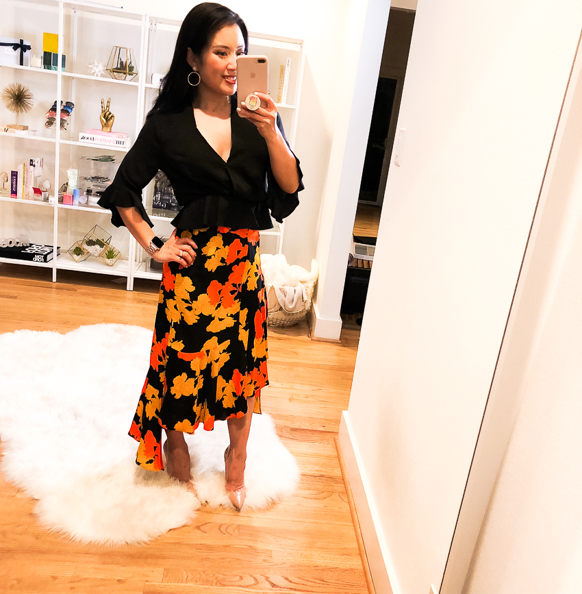 topshop twist peplum hem top, topshop printed midi skirt, louboutin so kate pumps | summer fall outfit - Nordstrom Anniversary Sale 2018: Try-On Session featured by popular Dallas petite fashion blogger Cute & Little
