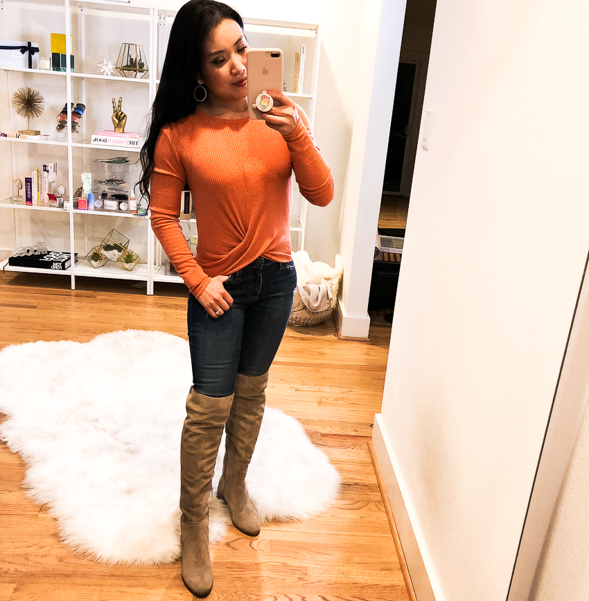 bp twist front tee, ag ripped ankle skinny jeans 4 years lucid quartz, vince camuto kochelda otk boots | summer fall outfit - Nordstrom Anniversary Sale 2018: Try-On Session featured by popular Dallas petite fashion blogger Cute & Little