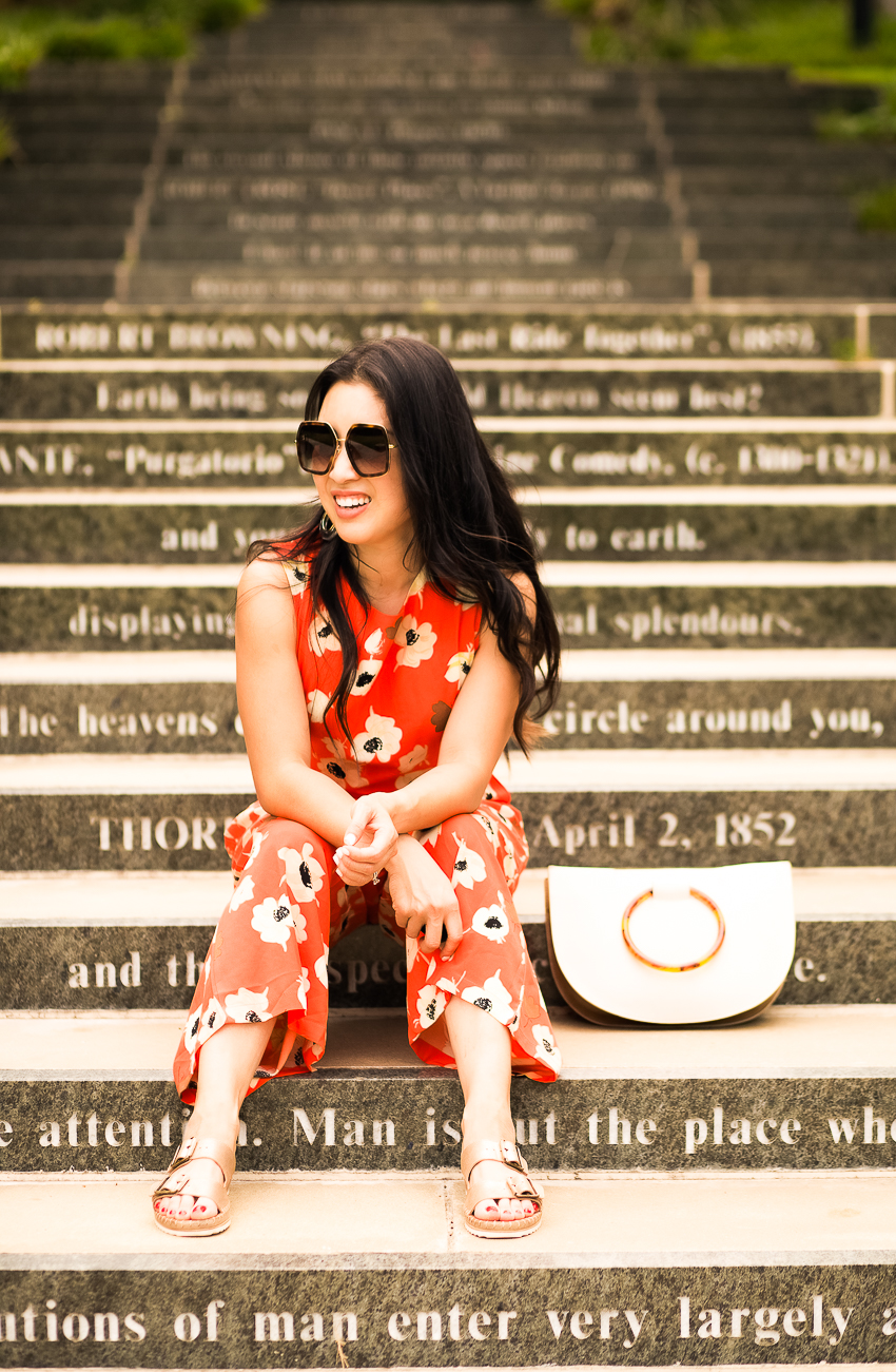 red-orange floral jumpsuit, trask carli slide | frost #optforoptimism - What is Happiness? 3 Things I've Learned featured by popular Dallas lifestyle blogger Cute & Little
