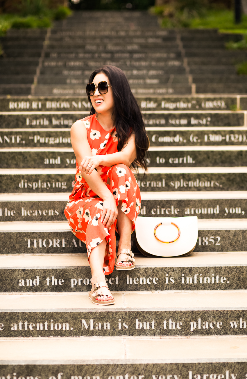 cute & little | dallas petite fashion blog | red-orange floral jumpsuit, trask carli slide | frost #optforoptimism