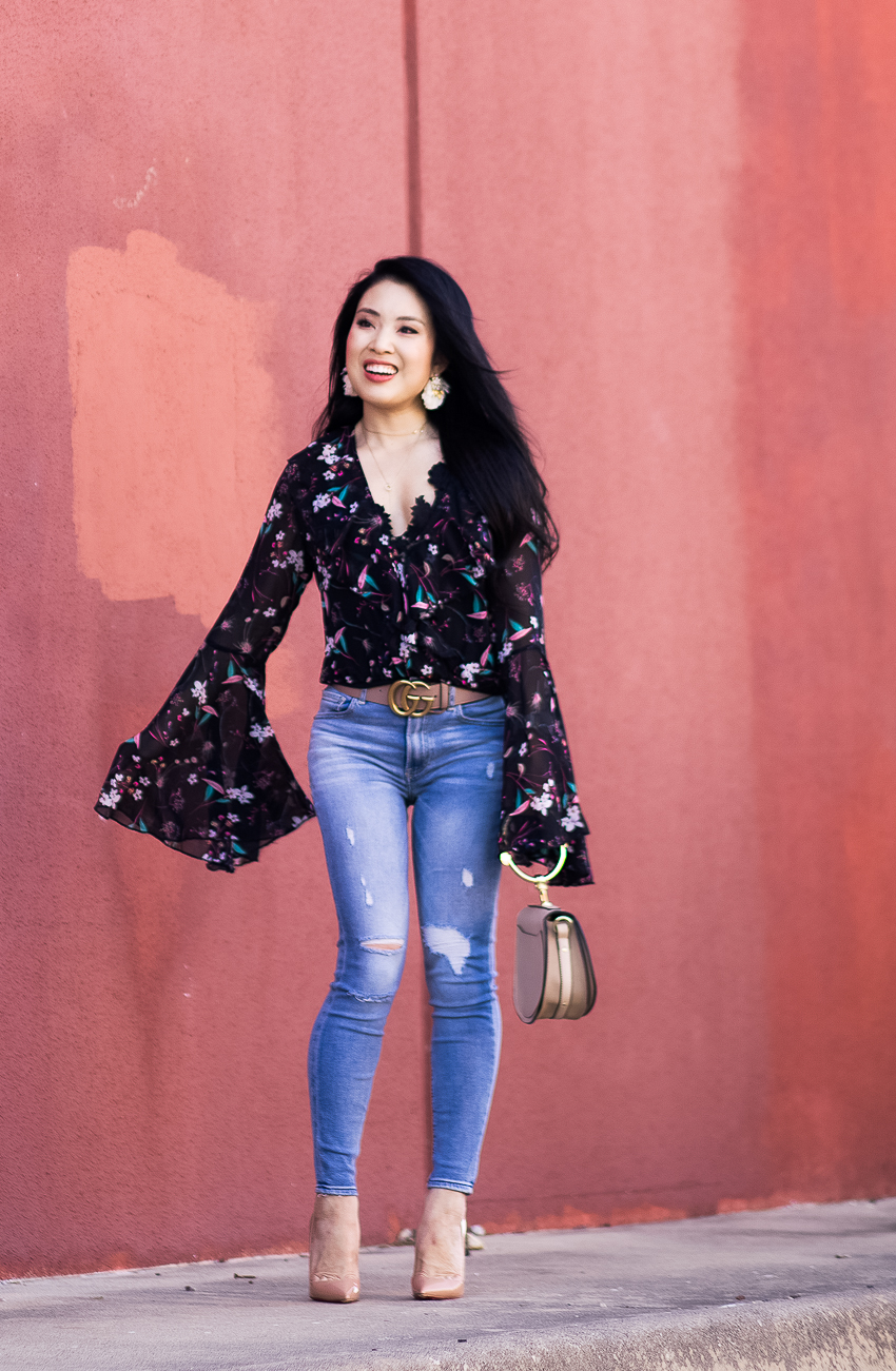 cute & little | dallas petite fashion blog | floral bodysuit, charlotte russe refuge light wash jeans | clip-in hair extensions irresistible me review - Everything You Need To Know About Clip-In Hair Extensions featured by popular Dallas beauty blogger Cute & Little