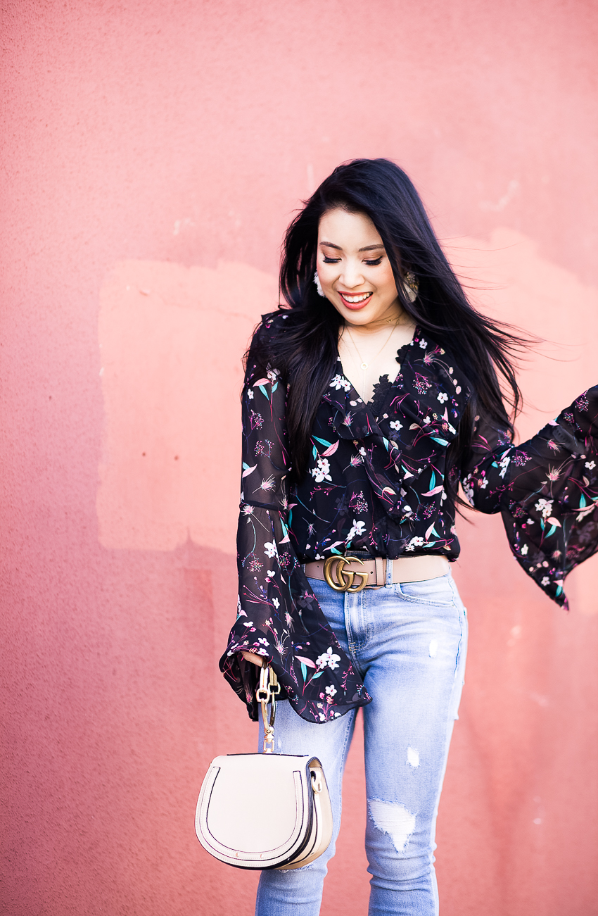cute & little | dallas petite fashion blog | floral bodysuit, charlotte russe refuge light wash jeans | clip-in hair extensions irresistible me review - Everything You Need To Know About Clip-In Hair Extensions featured by popular Dallas beauty blogger Cute & Little