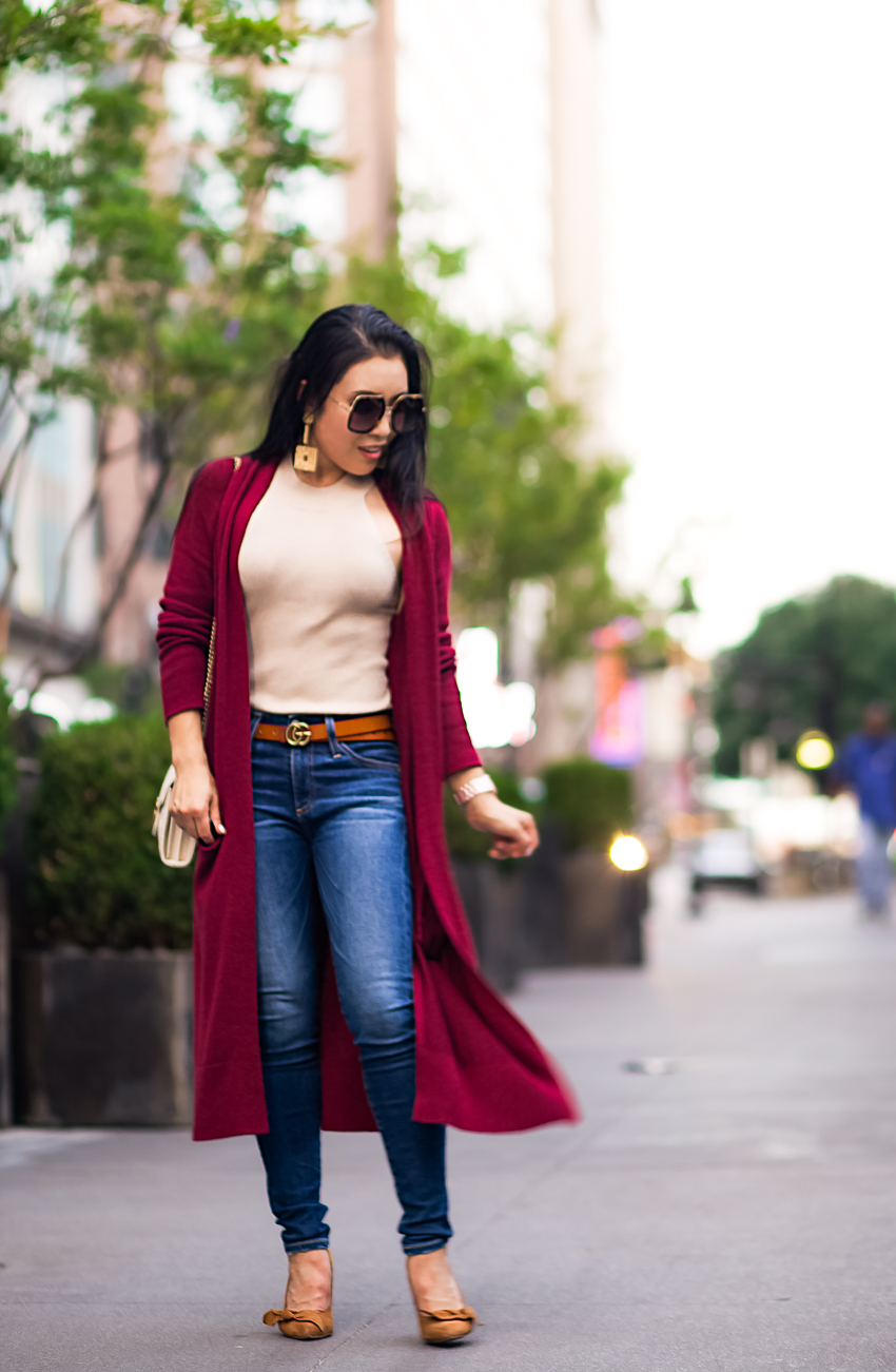 leith midi side split cardigan, beige halter top, ag farrah jeans, gucci double g belt dupe, baublebar henna earrings | fall outfit - featured by popular Dallas petite fashion blogger Cute & Little 