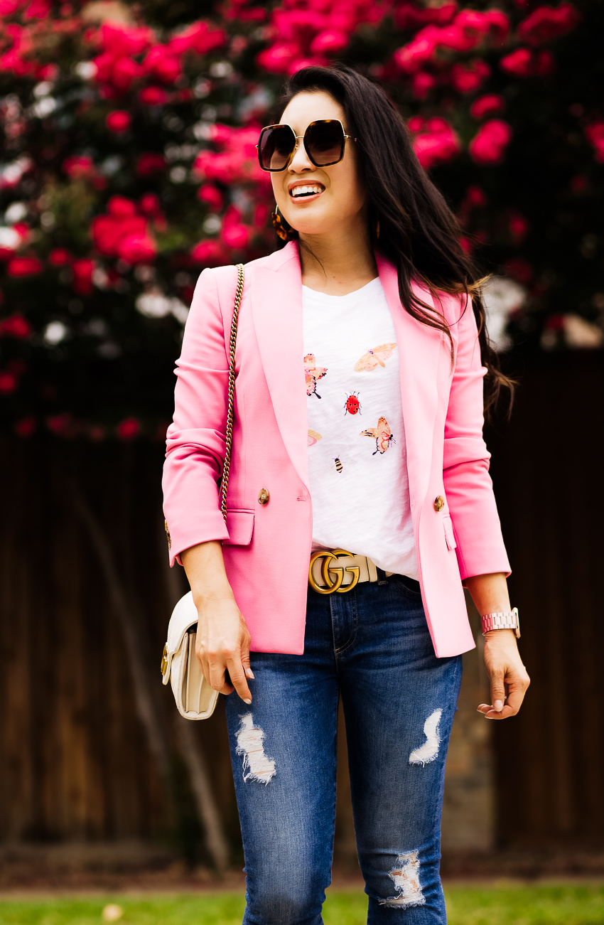 j.crew dover pink blazer, loft butterfly tee, step hem jeans, pink bow pumps - 3 Reasons I've Succeeded In A Male-Dominated Industry featured by popular Dallas life and style blogger Cute & Little