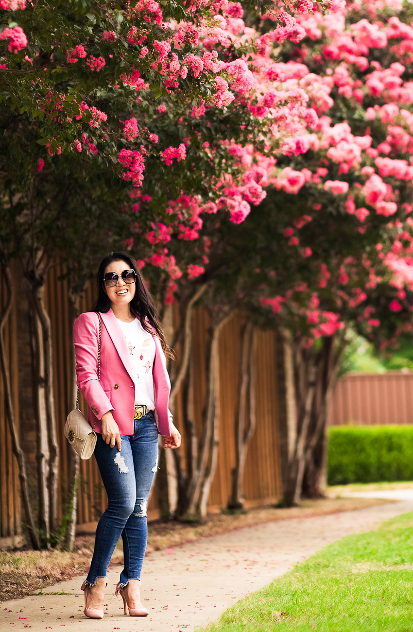 j.crew dover pink blazer, loft butterfly tee, step hem jeans, pink bow pumps - 3 Reasons I've Succeeded In A Male-Dominated Industry featured by popular Dallas life and style blogger Cute & Little