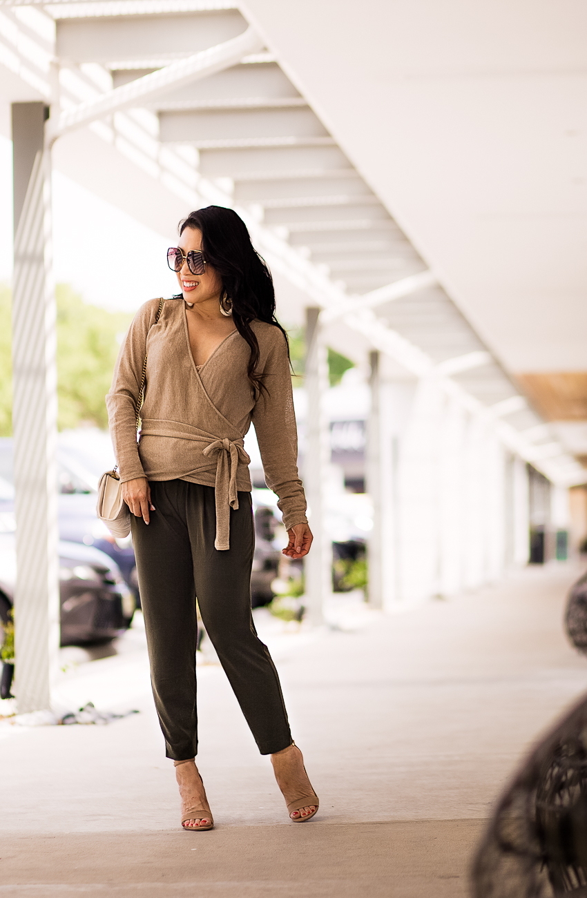 jcrew linen wrapped cardigan sweater, express jogger pants, gucci sunglasses, baublebar santos hoop earrings | work outfit - J.Crew Wrapped Top For Every Occasion featured by popular Dallas petite fashion blogger Cute & Little