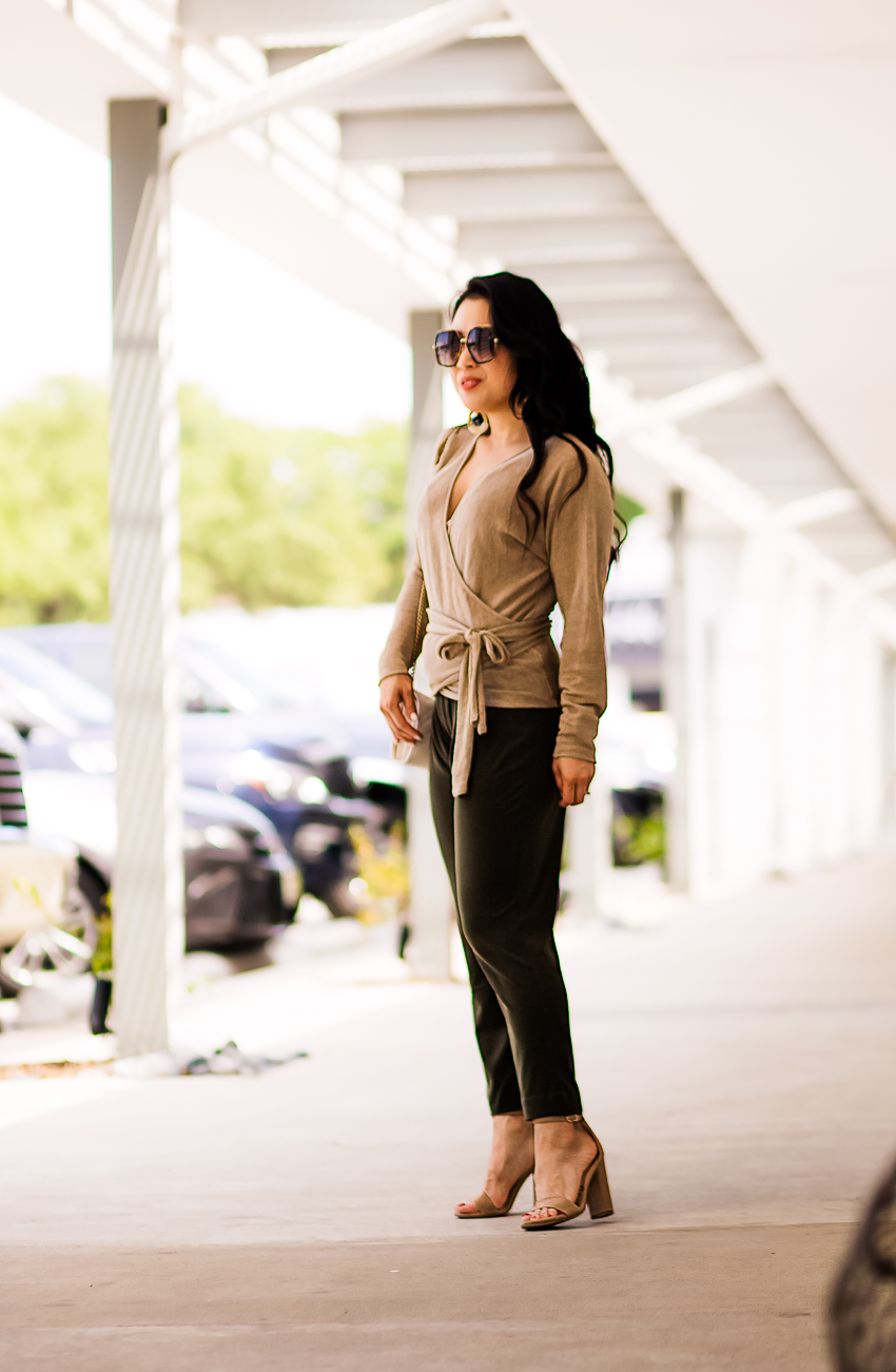 jcrew linen wrapped cardigan sweater, express jogger pants, gucci sunglasses, baublebar santos hoop earrings | work outfit - J.Crew Wrapped Top For Every Occasion featured by popular Dallas petite fashion blogger Cute & Little