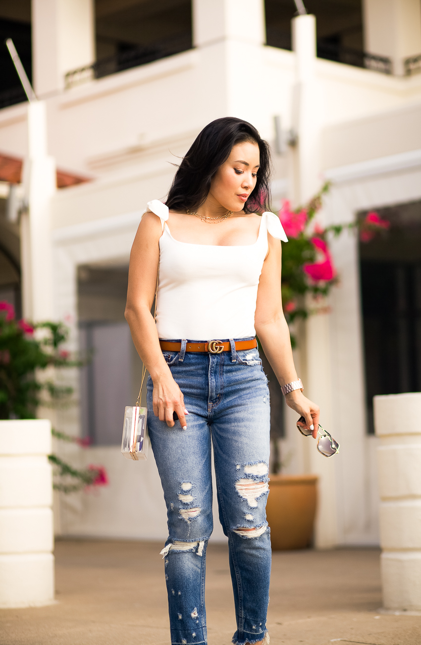 free people shoulder tie white bodysuit, abercrombie high rise mom jeans, dolce vita amber mules - How To Rock The Mom Jean Trend (And Look Cool!) feature by popular Dallas petite fashion blogger Cute & Little