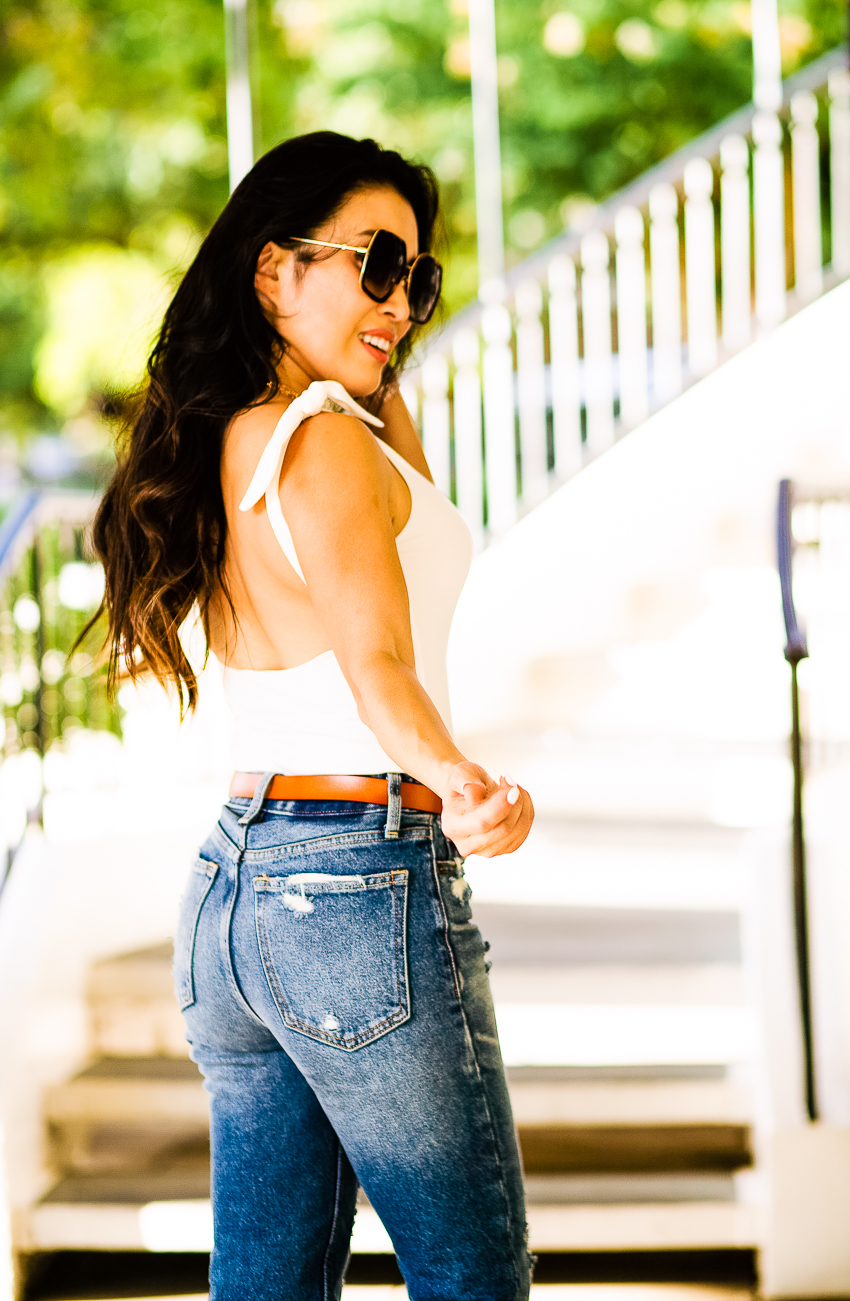 free people shoulder tie white bodysuit, abercrombie high rise mom jeans, gucci sunglasses - How To Rock The Mom Jean Trend (And Look Cool!) feature by popular Dallas petite fashion blogger Cute & Little